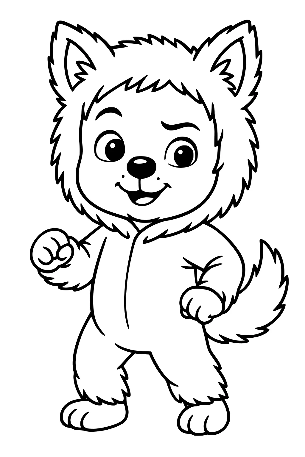 Smiling cartoon werewolf boy with big ears, fluffy fur, raised paws, and a bushy tail in bold, simple outlines.