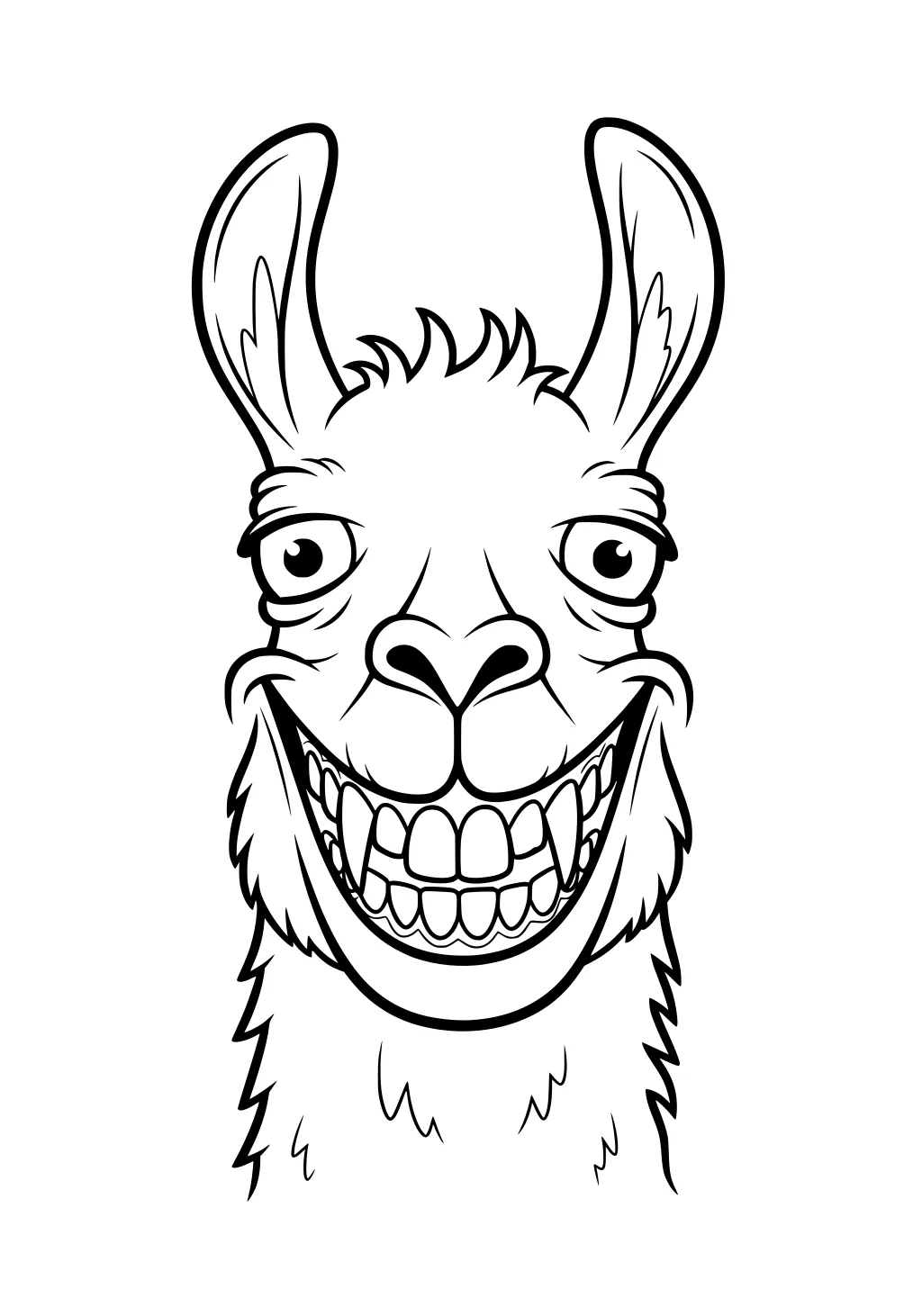A cartoon llama head with tall ears and a huge silly smile, showing many teeth, looking straight ahead.