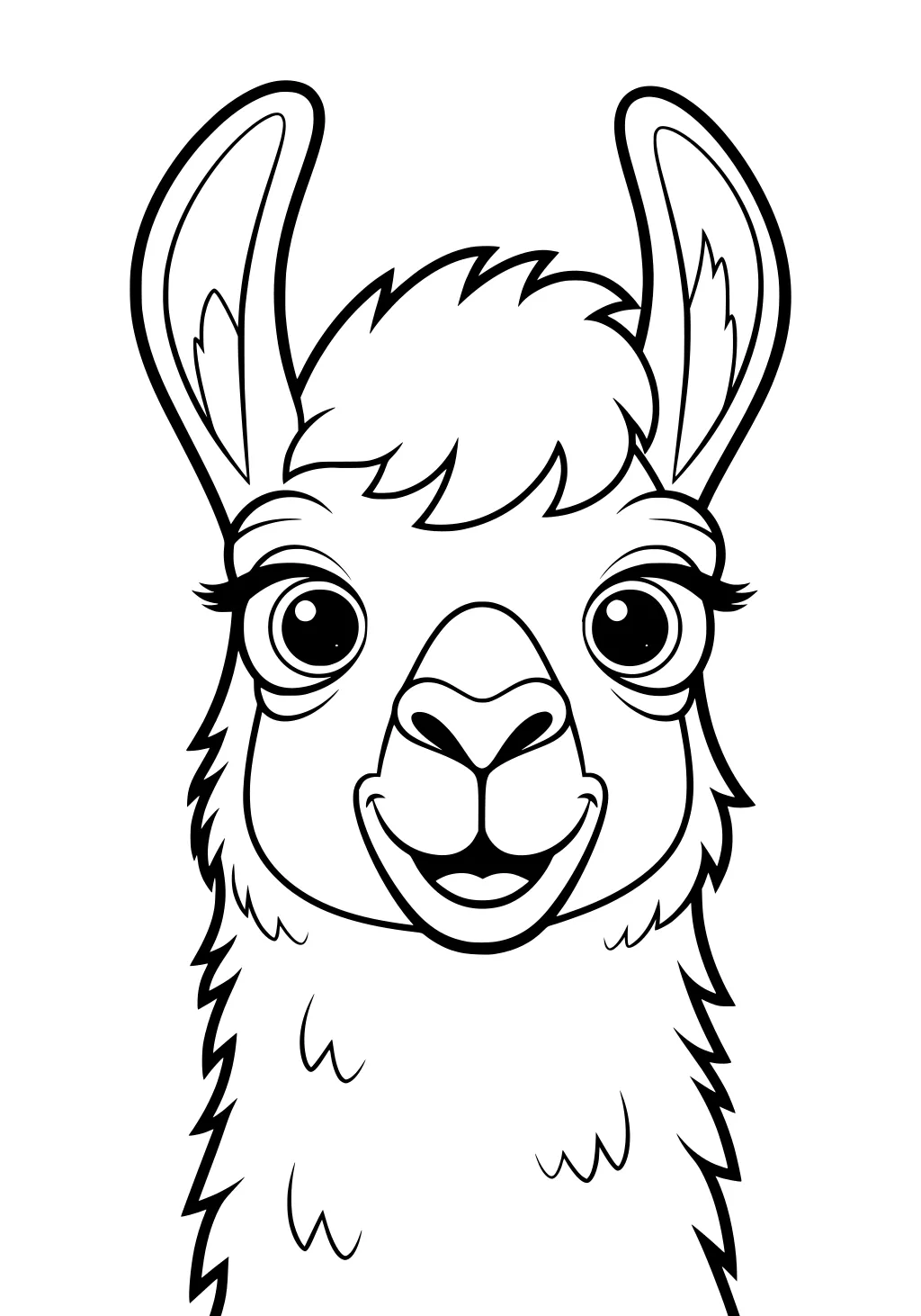 Smiling llama with large ears, fluffy face, and big, friendly eyes drawn in a cartoon style.