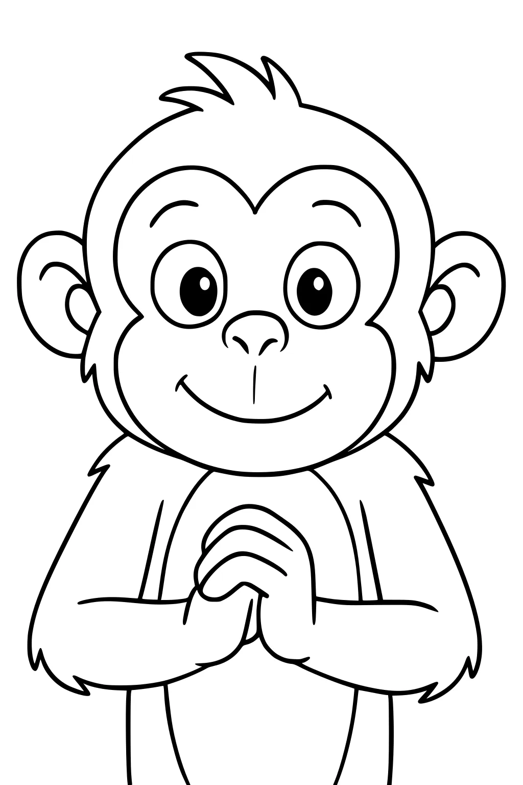 Cartoon monkey with tousled hair, big round eyes, smiling face, ears out wide, and hands held together at chest.