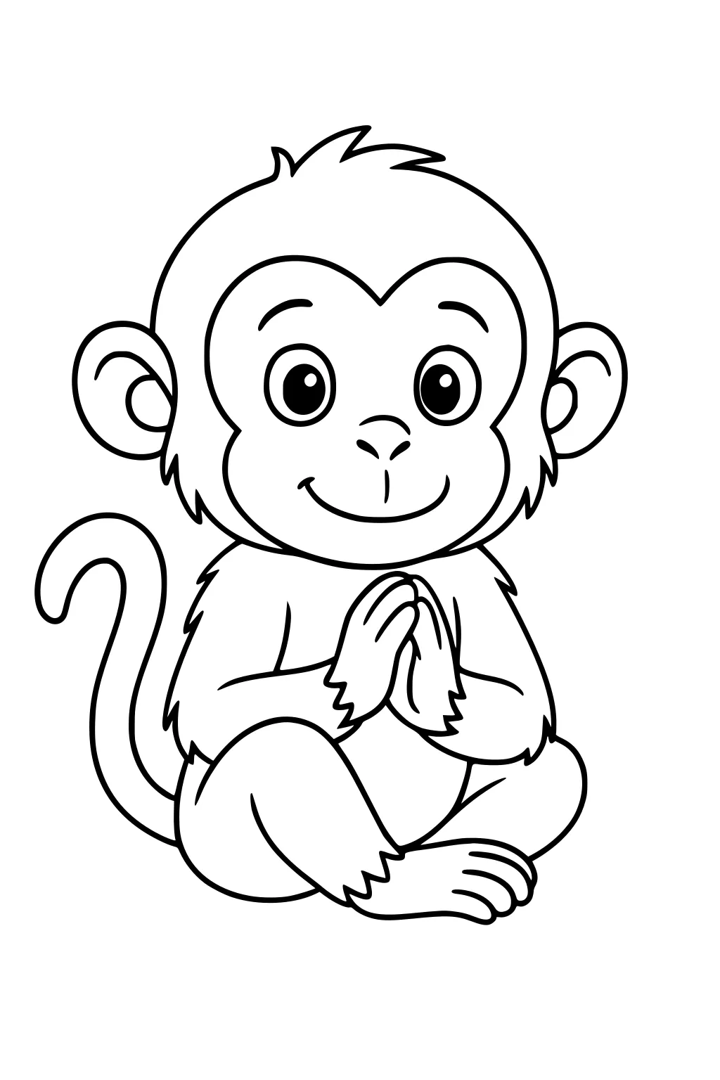 Cartoon monkey sitting cross-legged with hands together, smiling and looking forward, big ears and fluffy tail visible.