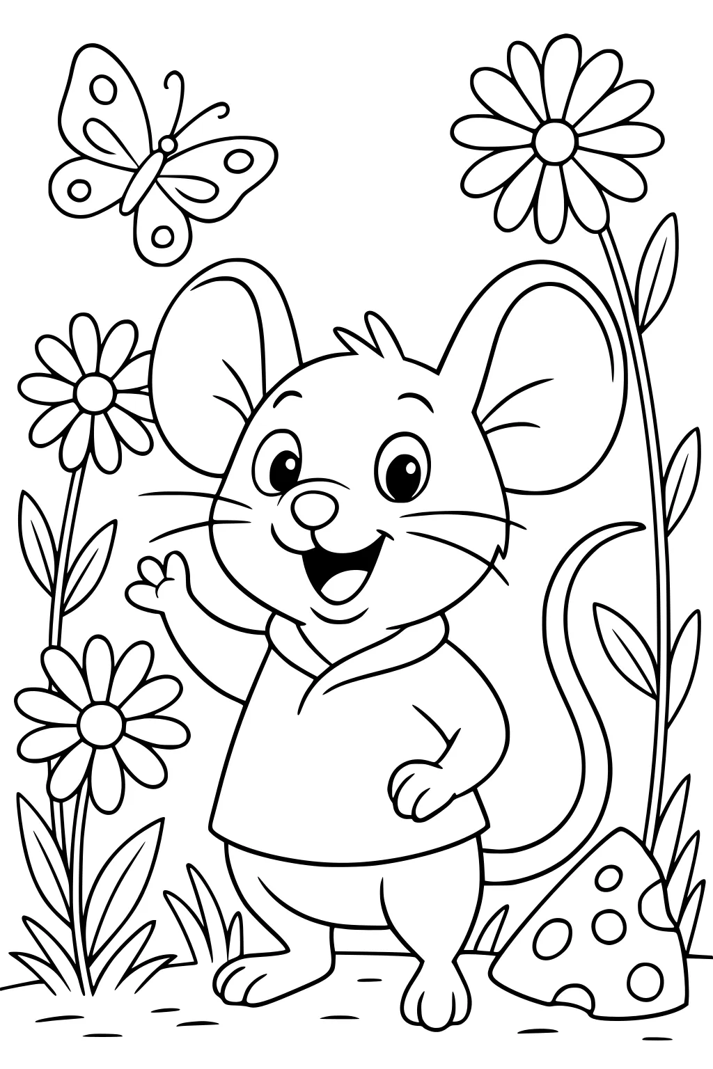 Cartoon mouse waving in a field with daisies, a butterfly flying nearby, and a wedge of cheese on the grass.