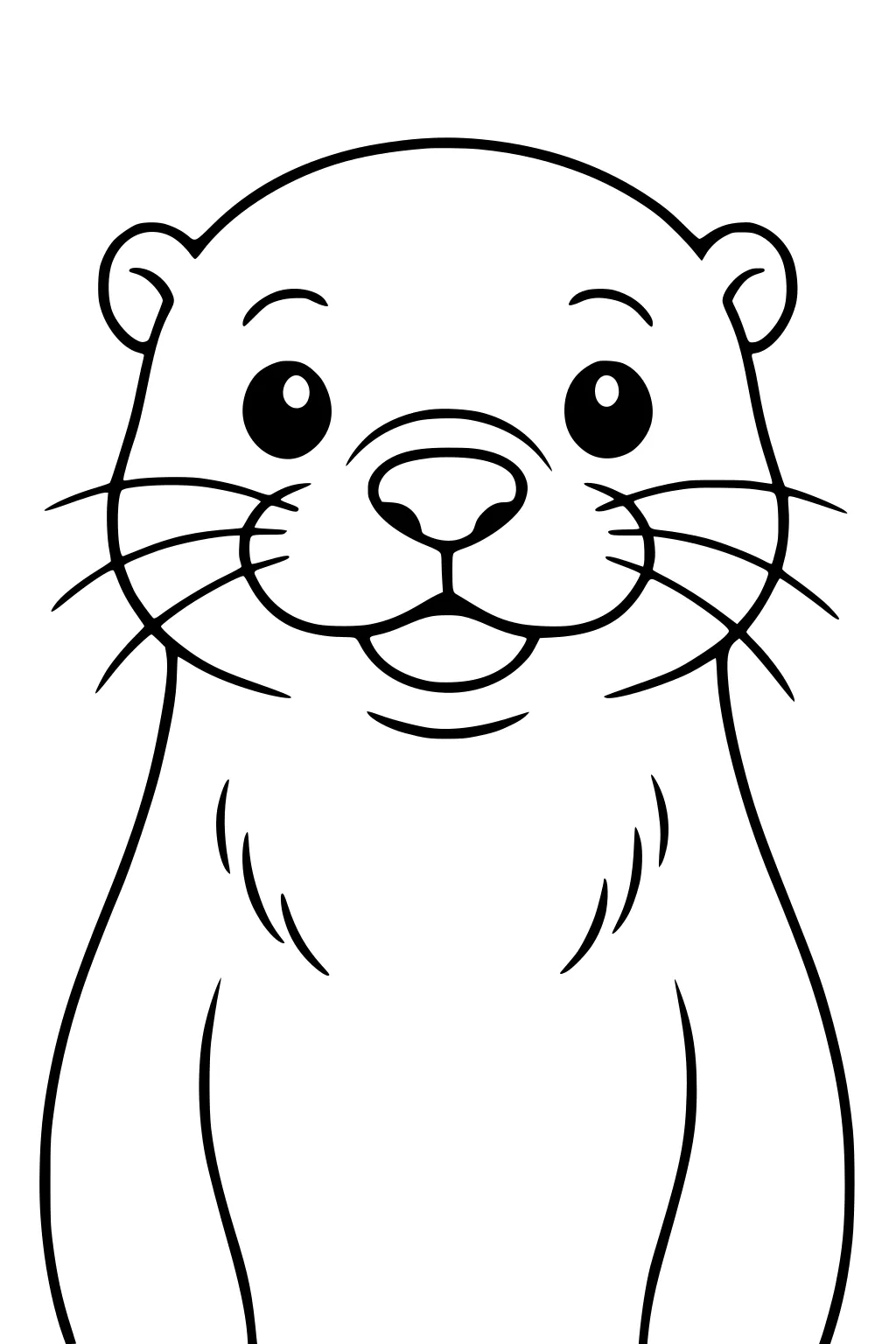 Line drawing of a smiling otter with big round eyes, whiskers, small rounded ears and a simple furry body.