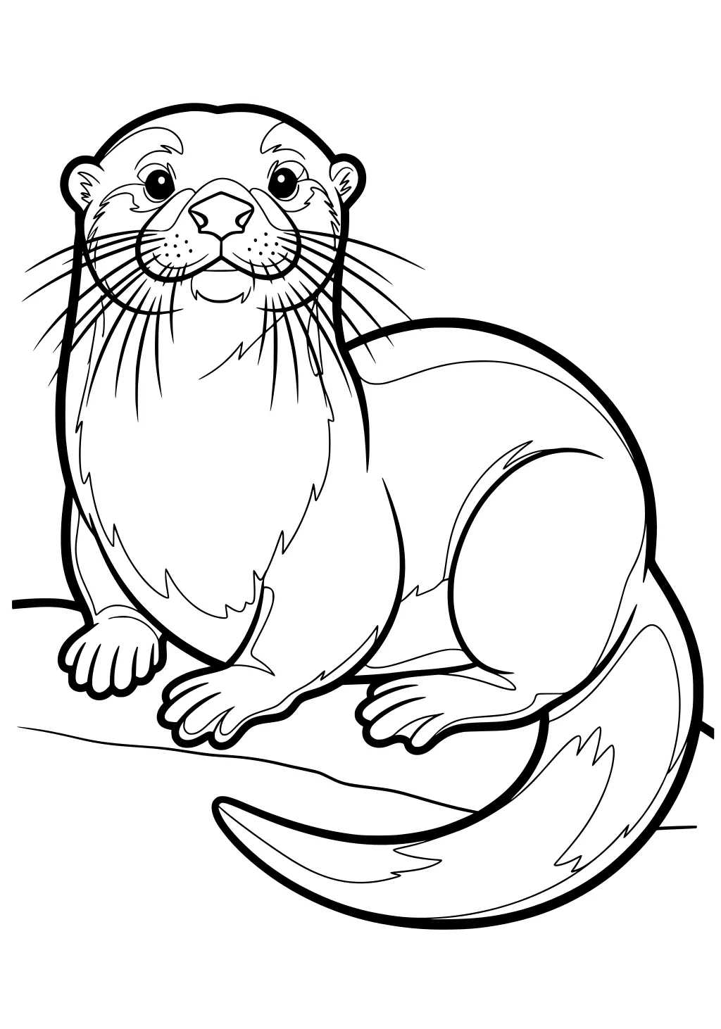 Otter with round face and long tail sitting on a rock, looking forward with whiskers and paws visible.
