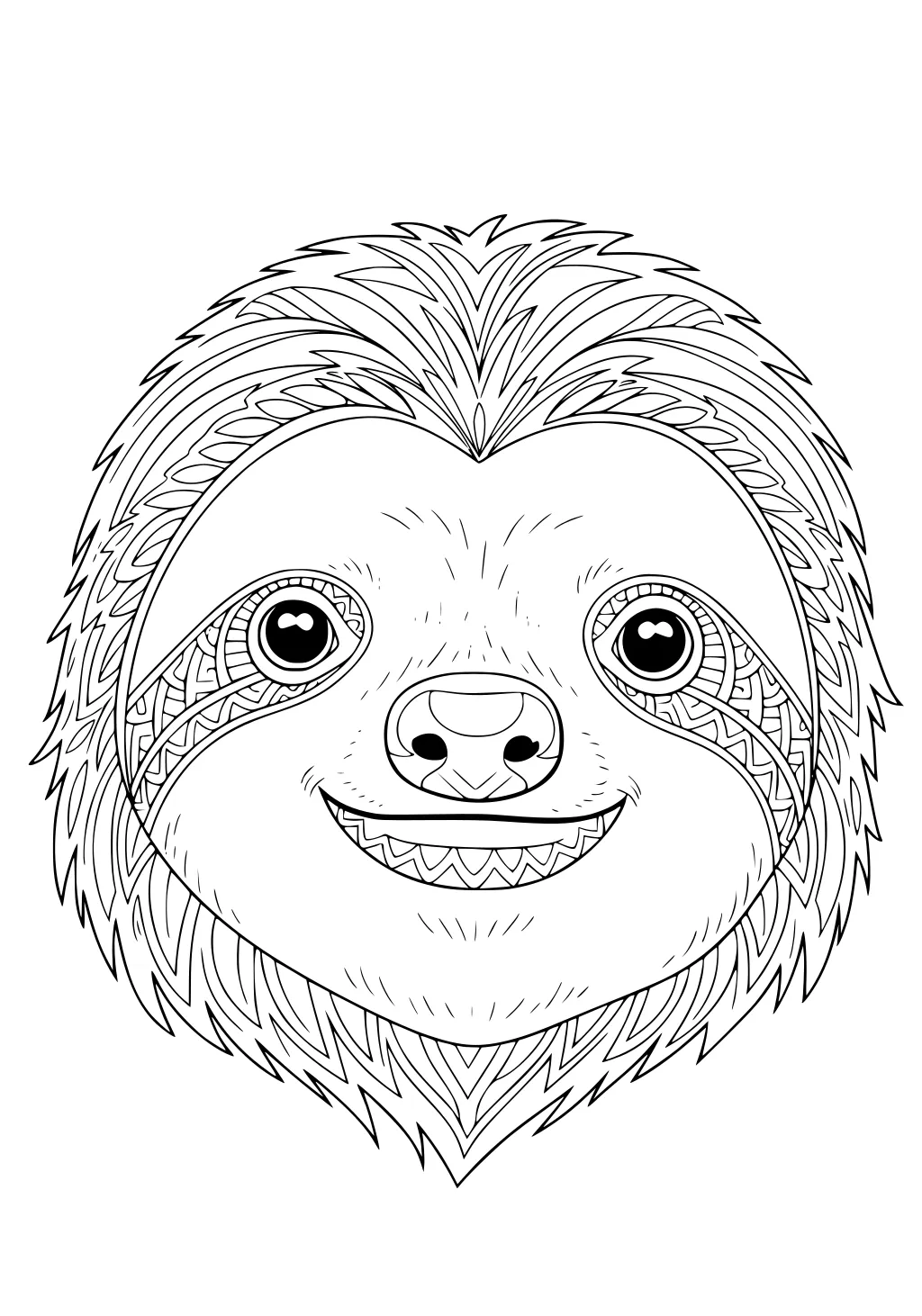 Outlined drawing of a smiling sloth head with patterned fur and large, friendly eyes.