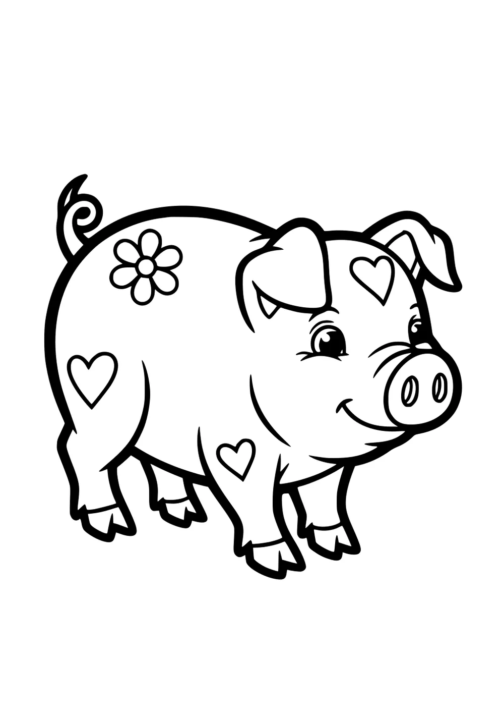 Pig with big eyes and a daisy and heart shapes on its body, curly tail, floppy ears, and open space for coloring.