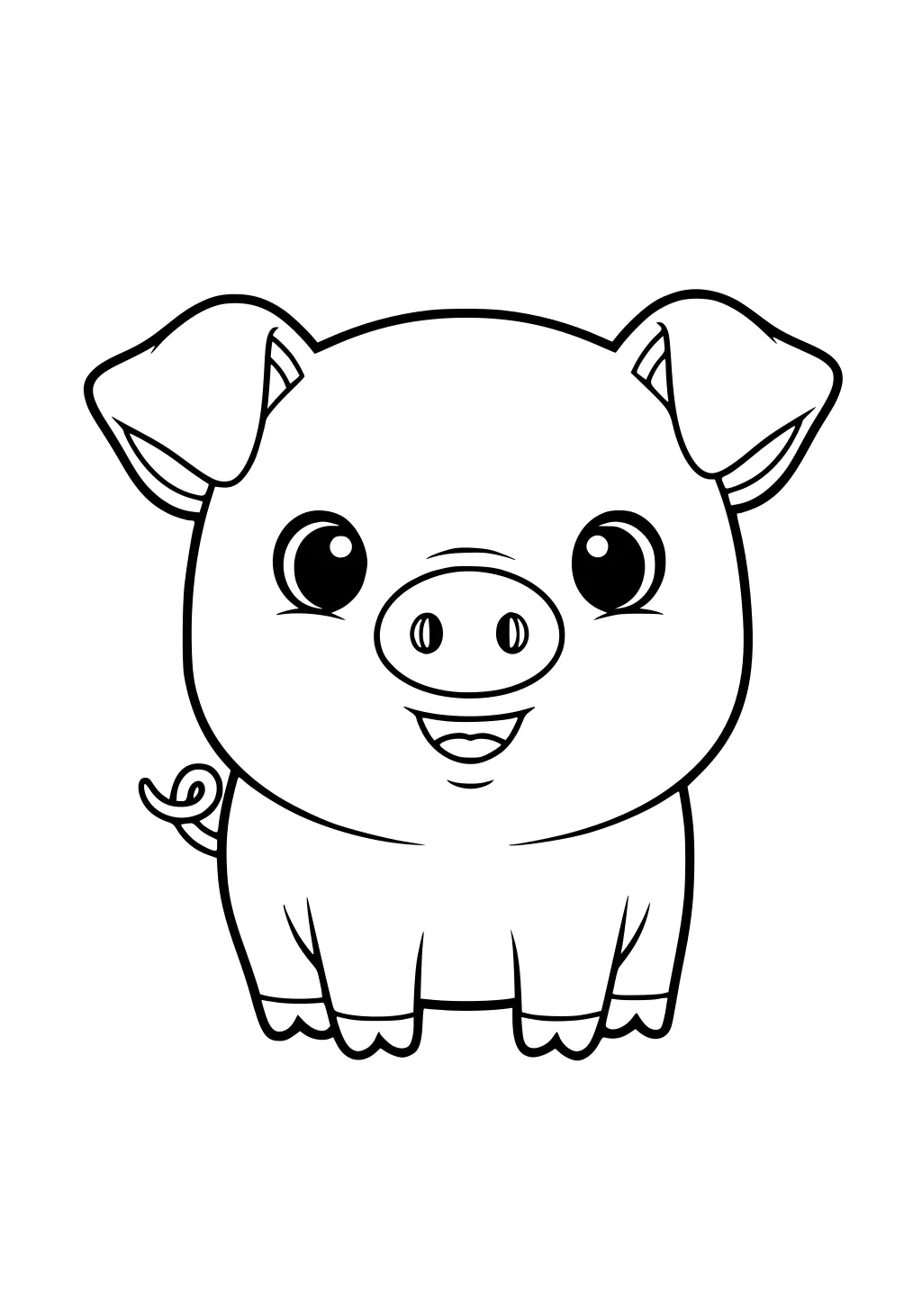 Cartoon piglet with big eyes, floppy ears, open mouth, and a curly tail, facing forward and standing on four short legs.
