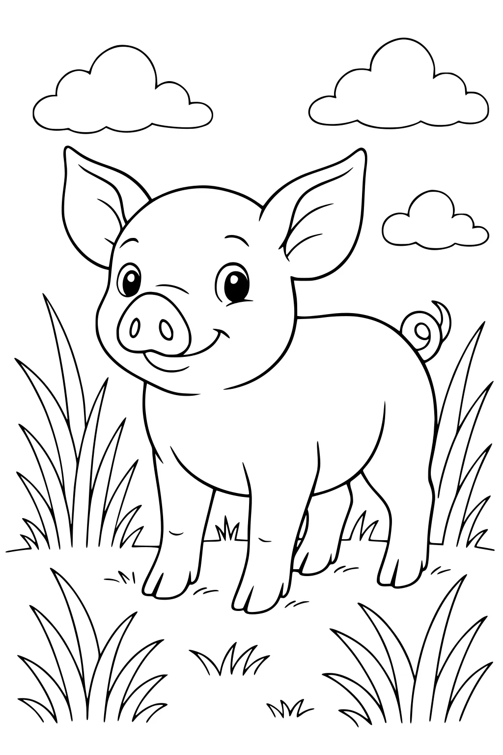 Smiling piglet with big ears and curly tail standing in grass with three clouds in the sky.