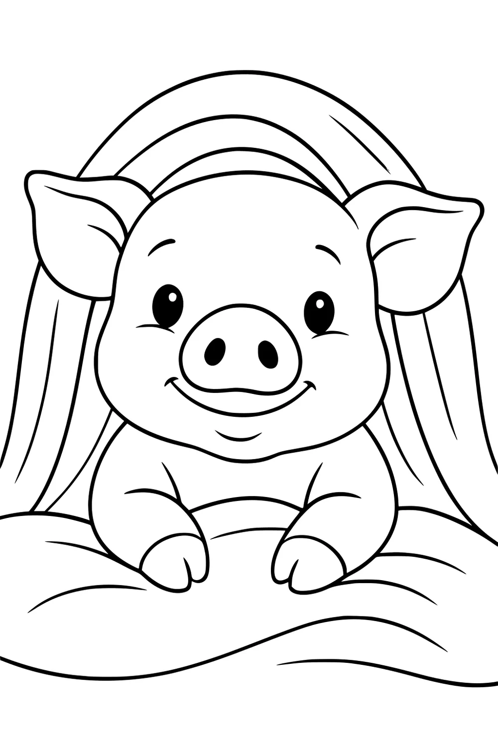 Piglet with big ears and a happy face under a rainbow, front hooves resting on a hill.