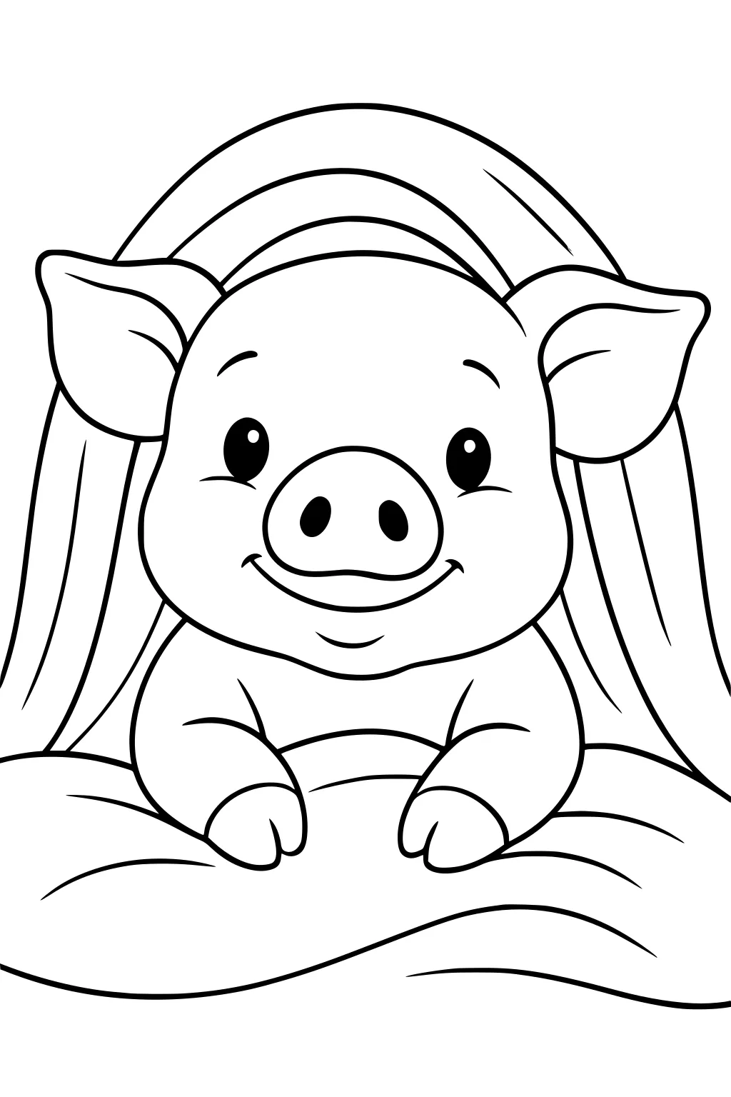 Piglet with big ears and a happy face under a rainbow, front hooves resting on a hill.