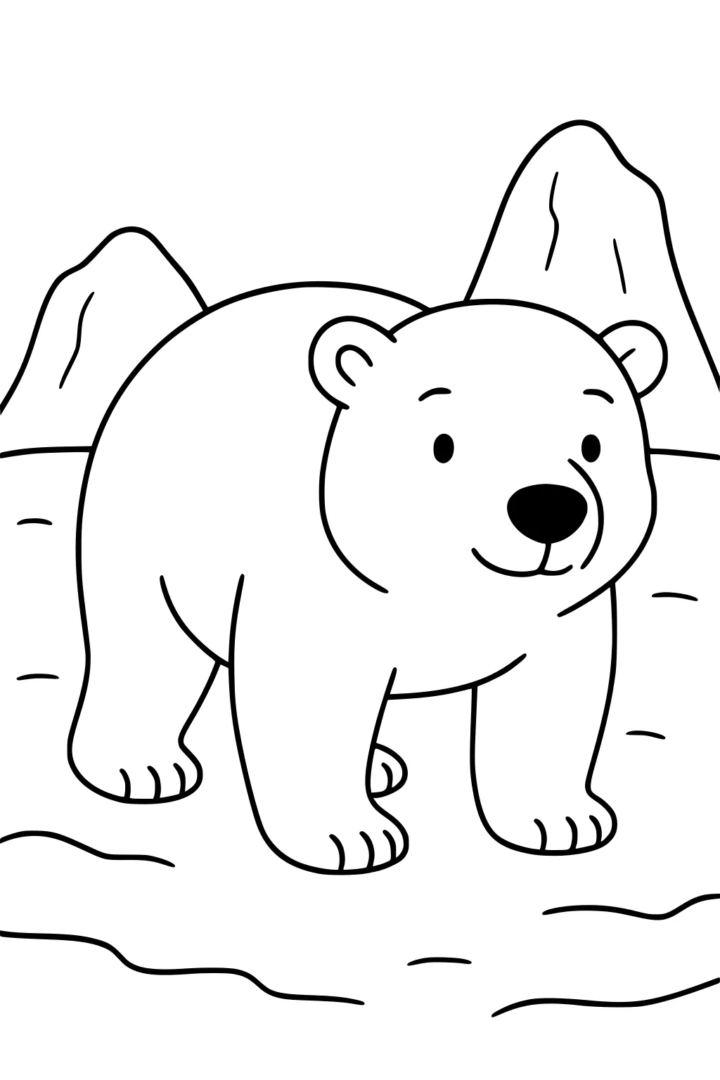 Cartoon polar bear with a happy face stands on snow with two mountains in the background.