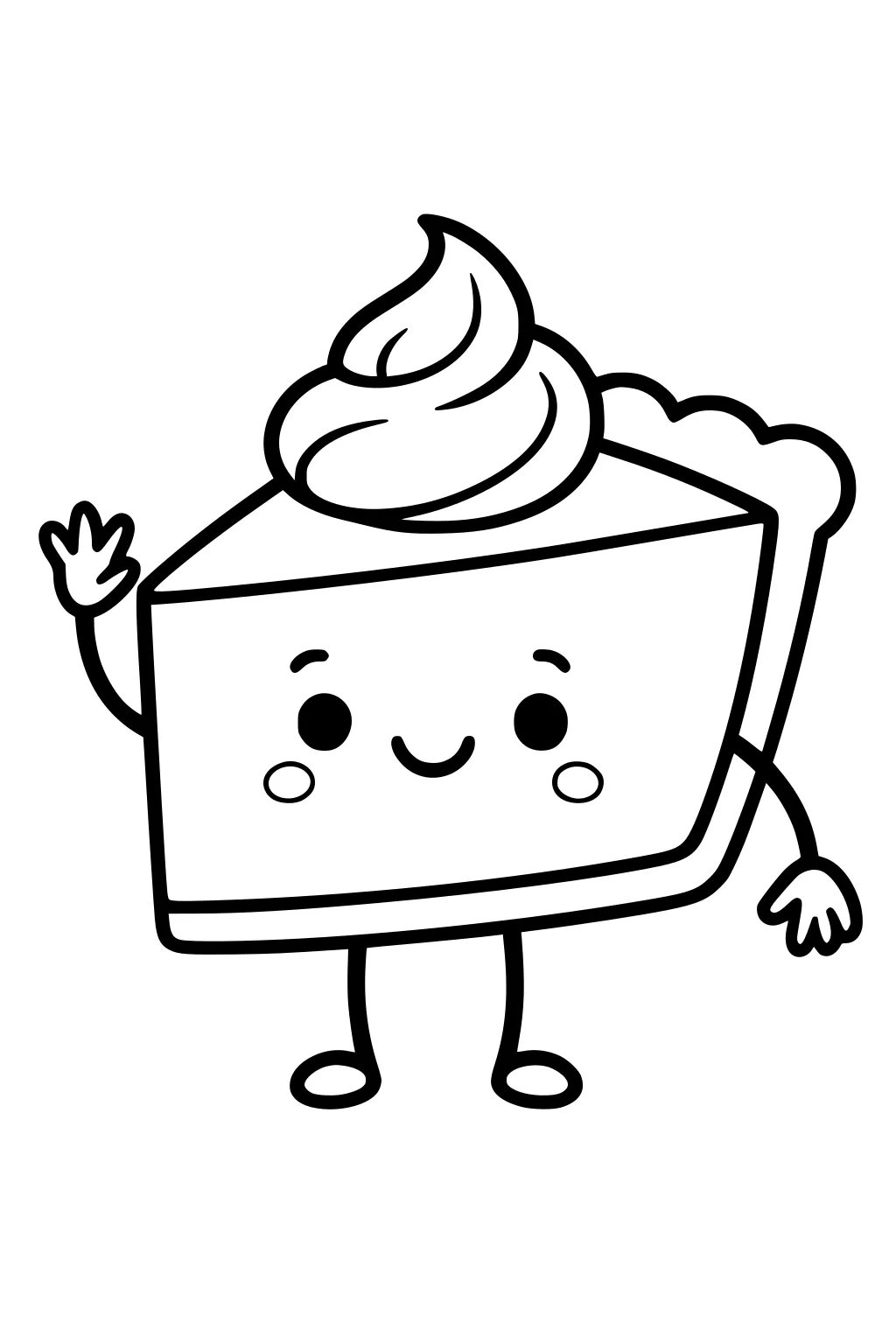 Smiling pumpkin pie slice with whipped cream, scalloped crust, waving arm, and tiny legs in simple black outline.