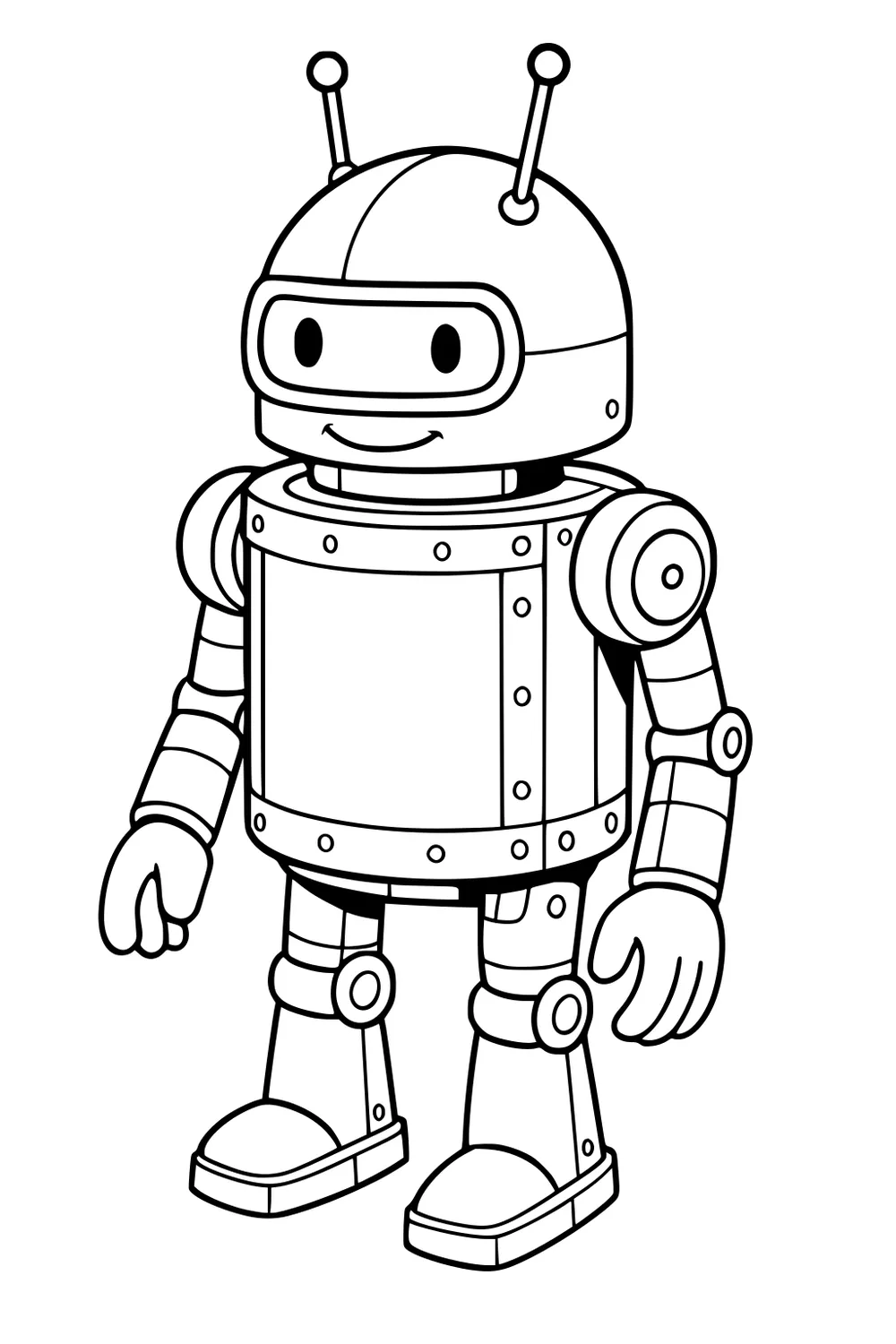 Smiling cartoon robot with two antennae, visor face, riveted body, jointed arms and legs, and big boots on a plain background.