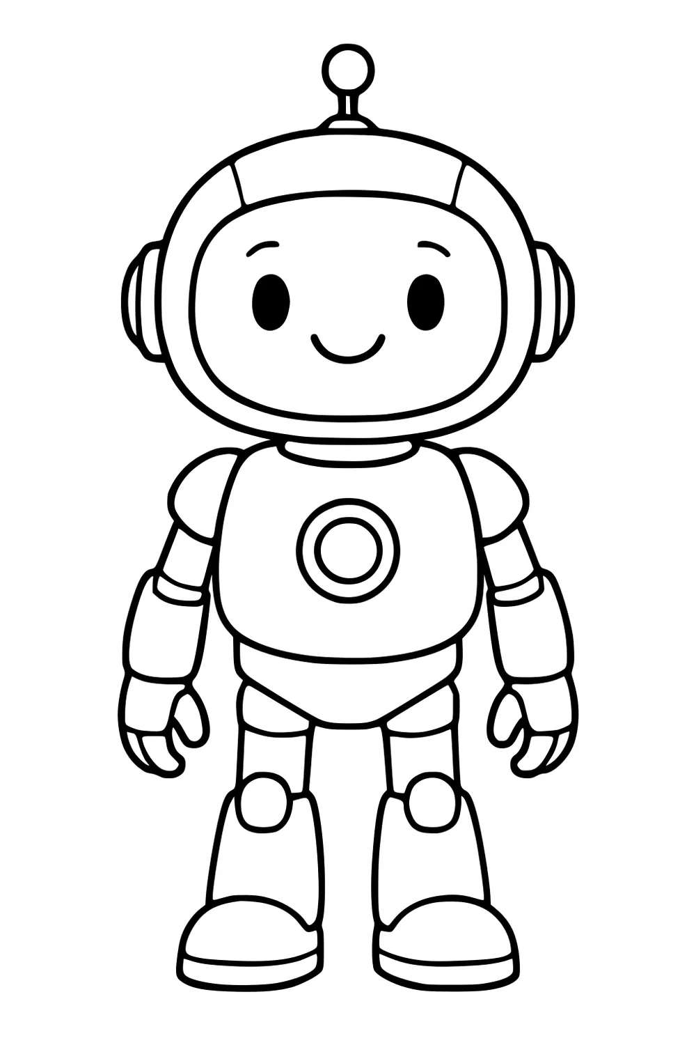 Smiling cartoon robot with round helmet head, antenna, circle chest plate, segmented arms, and big boots, standing front view.