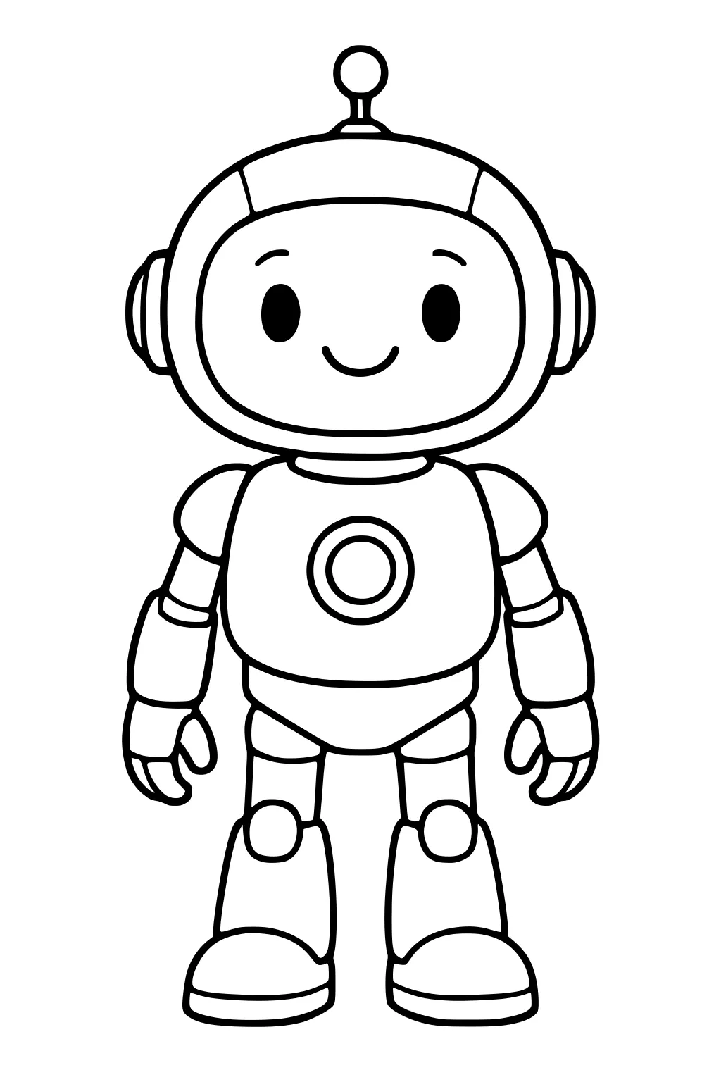 Smiling cartoon robot with round helmet head, antenna, circle chest plate, segmented arms, and big boots, standing front view.
