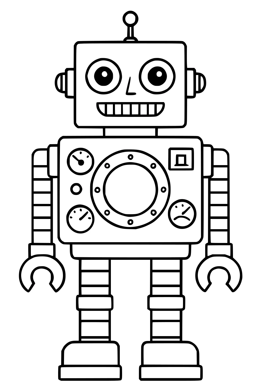 Smiling cartoon robot with square head, antenna, round eyes, chest dials, segmented arms and legs, claw hands, and big boots.