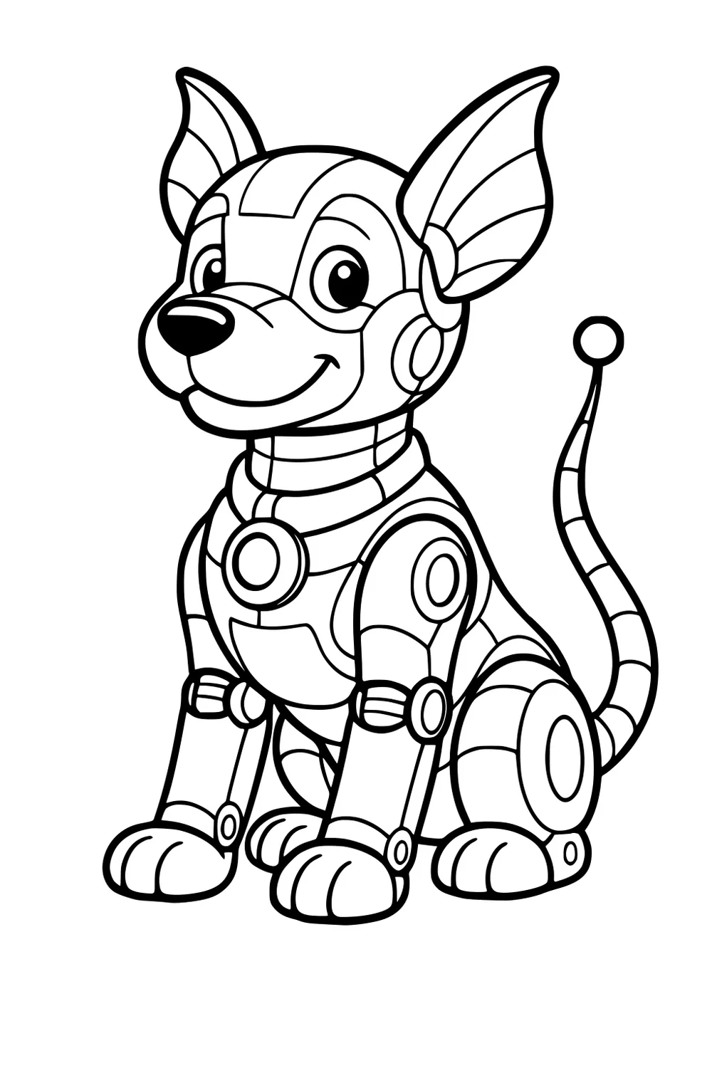 Smiling robot puppy sitting upright, large panel ears, round nose, chest circle, jointed legs, segmented tail with ball tip, bold outlines.