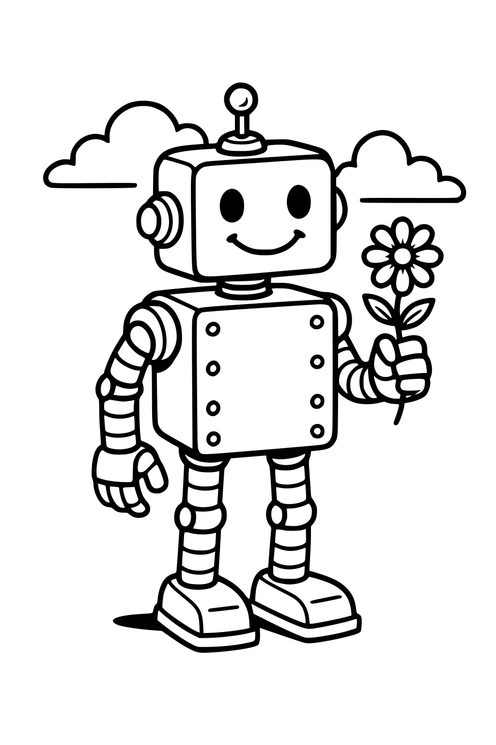 Smiling cartoon robot with antenna holds a daisy; square body with bolts, jointed arms and legs, big boots, and clouds in the background.