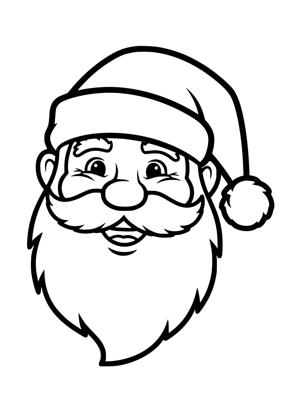 Smiling Santa Claus face with hat and pom-pom, big beard and curled mustache in bold black outline on a white background.