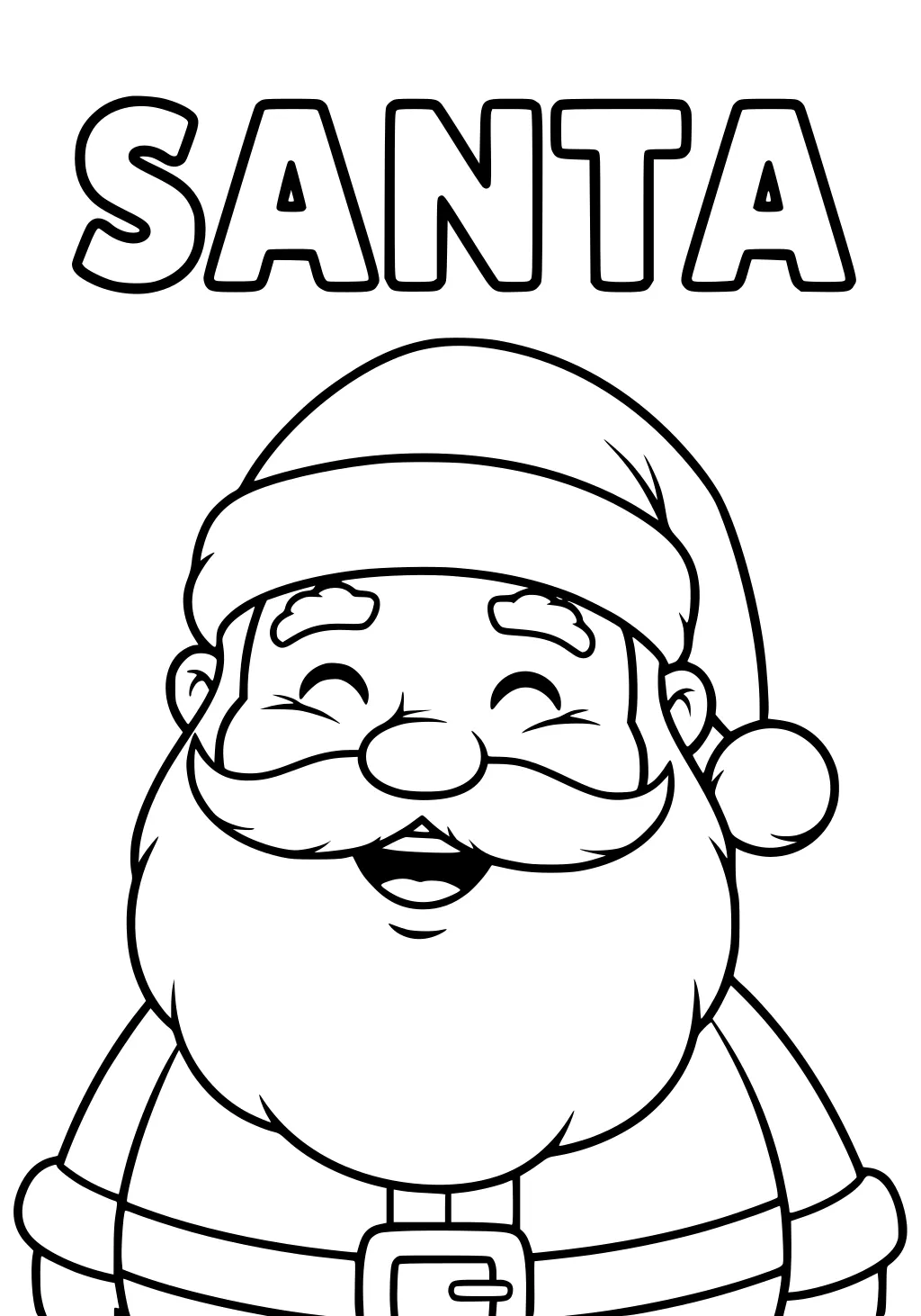 Smiling cartoon Santa with hat, fluffy beard, mustache, belt buckle, and large SANTA text above.