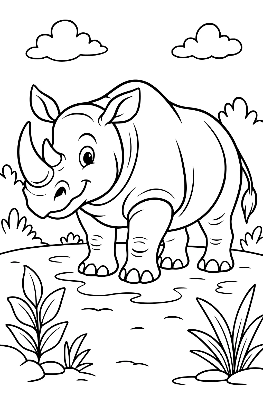 Smiling cartoon rhino standing on grass with bushes, large leaves, and clouds in the background.
