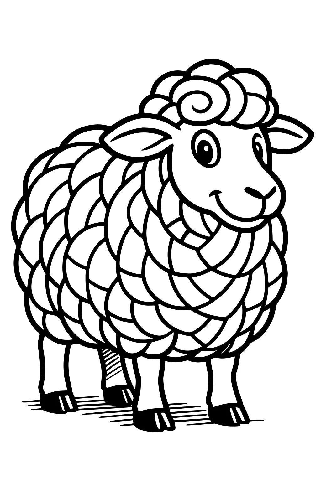 Cartoon sheep with big swirled wool, standing on four legs, smiling, with large eyes and floppy ears.