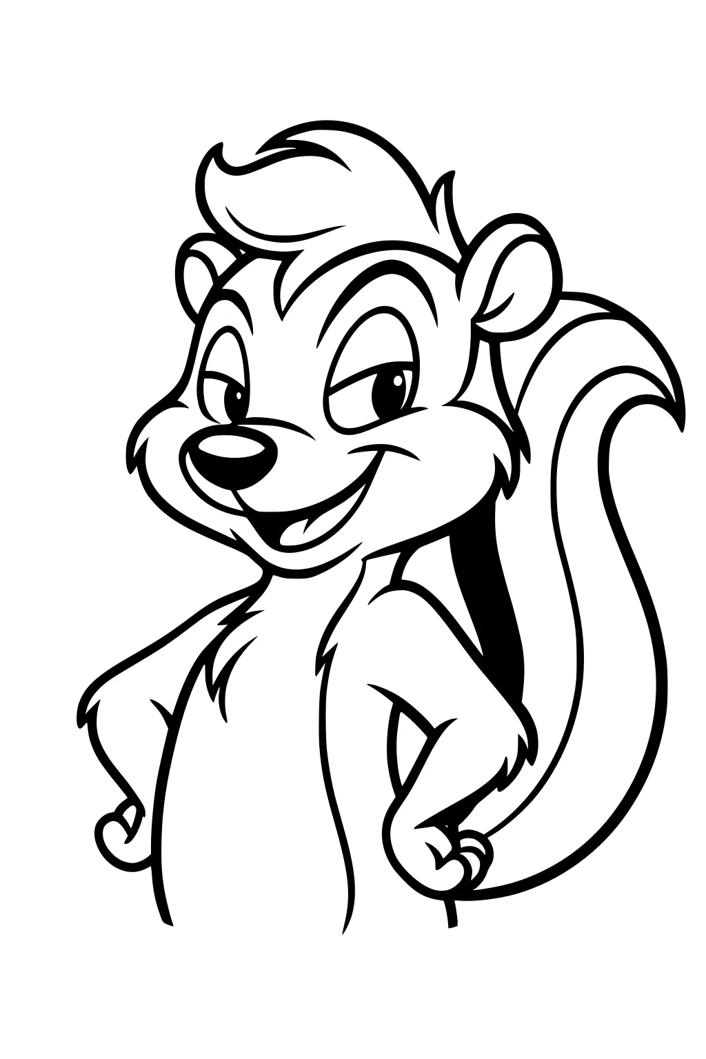 Smiling cartoon skunk with hands on hips and bushy tail, looking to the side with raised eyebrows.