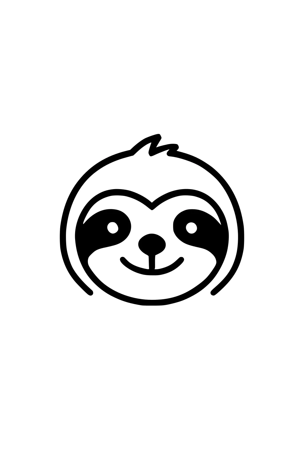 Simple cartoon sloth face with round eyes, smiling mouth, and dark patches around each eye.