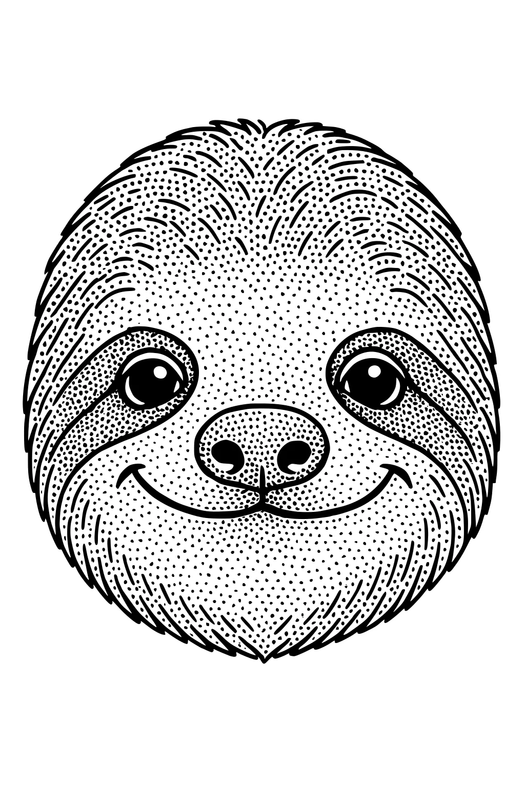 Outlined drawing of a smiling sloth face with large eyes, furry eyebrows, and dotted markings on its fur.
