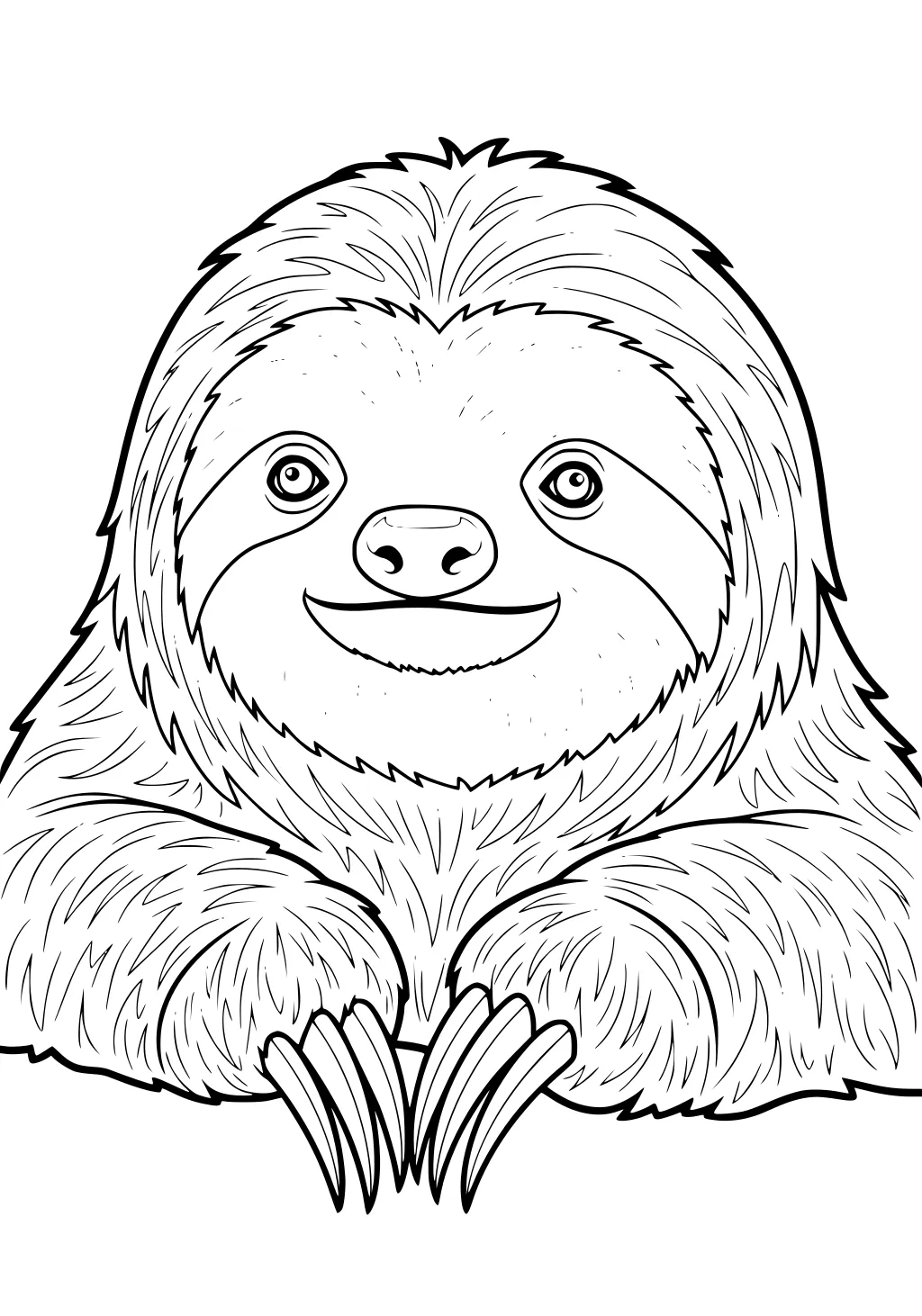 Front view of a grinning sloth with thick fur and large claws, facing forward on a plain background.