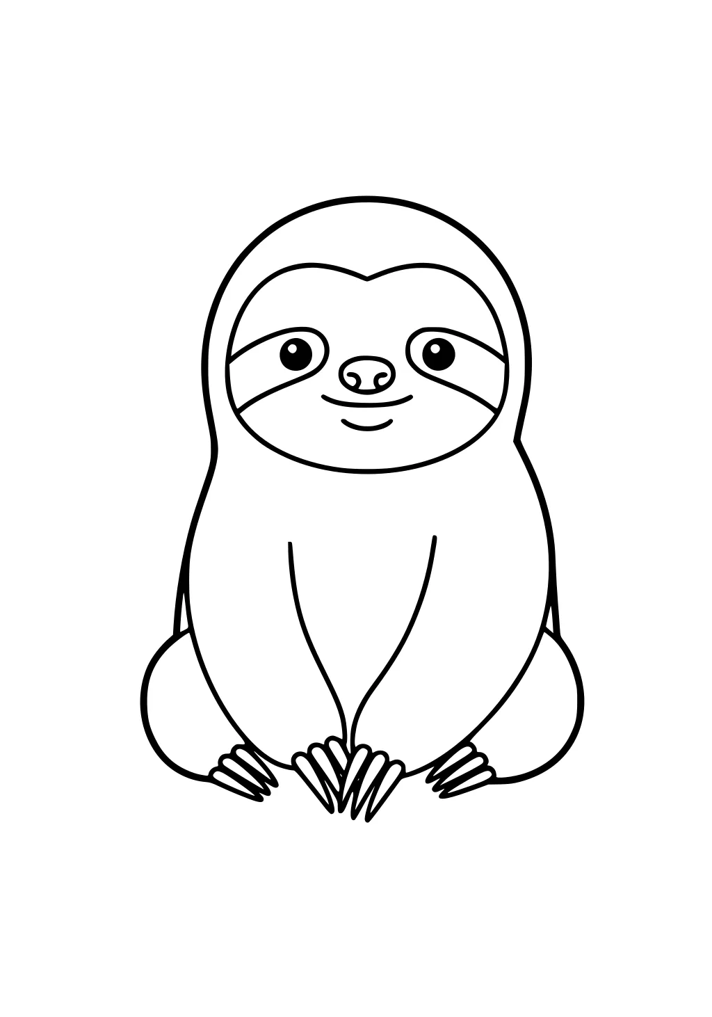 Simple line drawing of a cartoon sloth sitting upright, smiling, with big eyes and long claws on a white background.