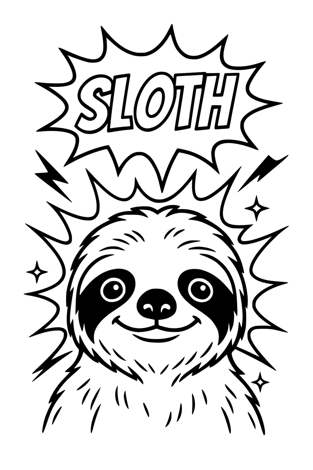Cartoon sloth boy with a smiling face, fluffy fur, and the word SLOTH in a burst above his head.