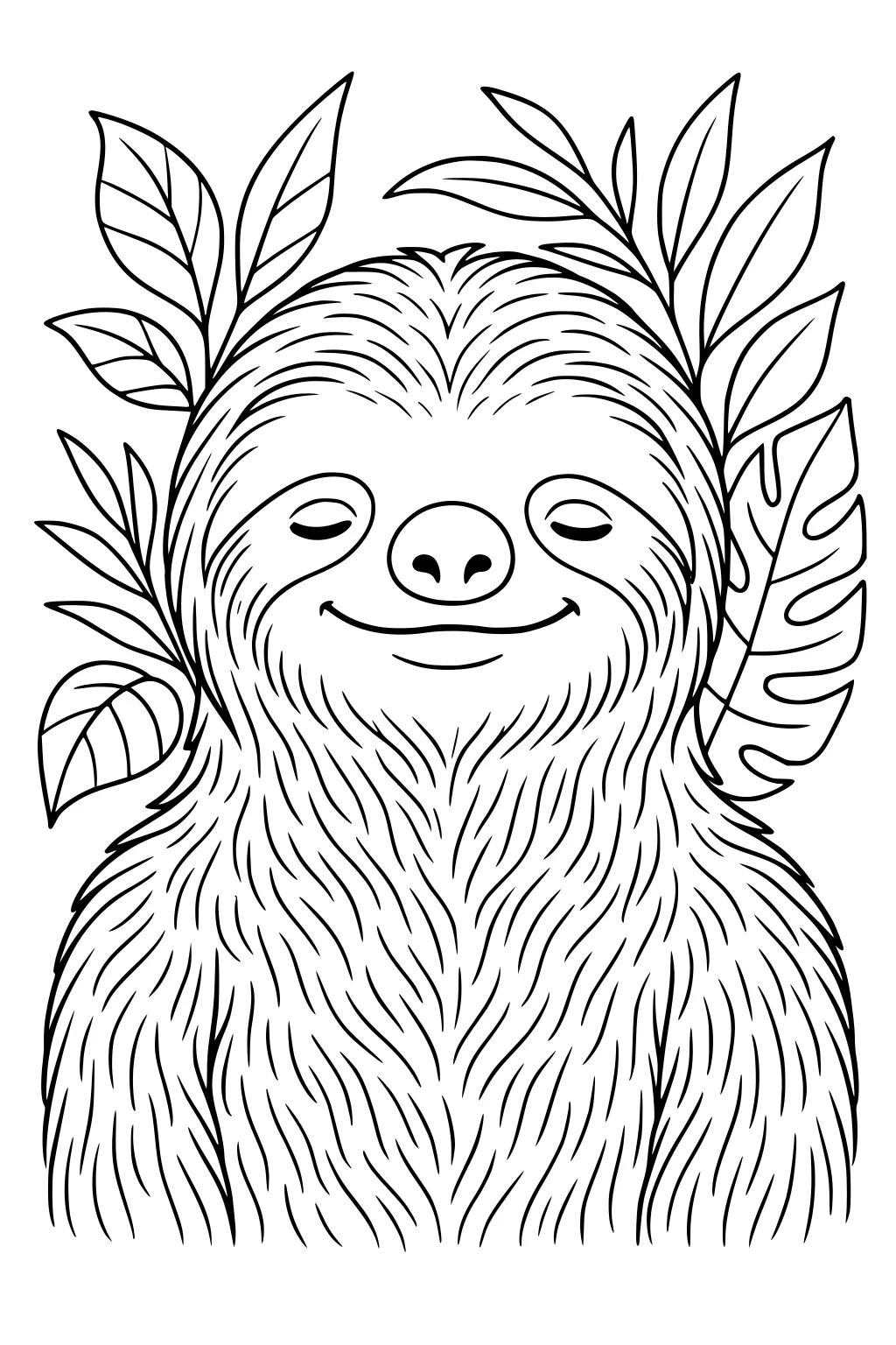 A smiling sloth with bushy fur, surrounded by large detailed jungle leaves.