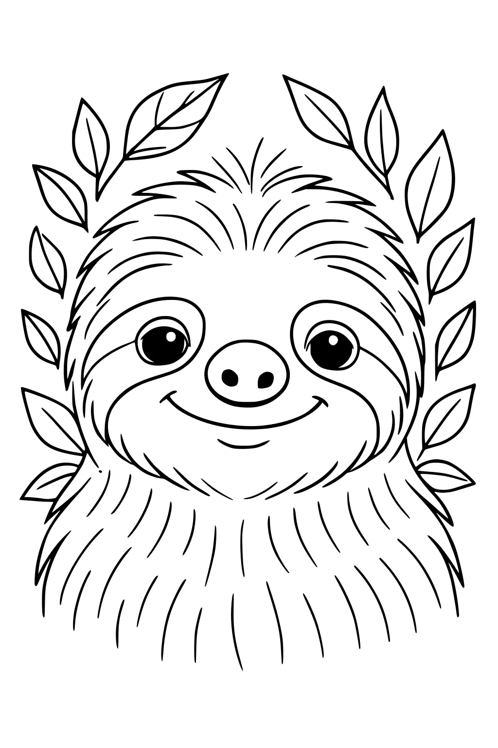 Smiling sloth with fluffy fur surrounded by simple leafy branches, large round eyes, and a wide nose.