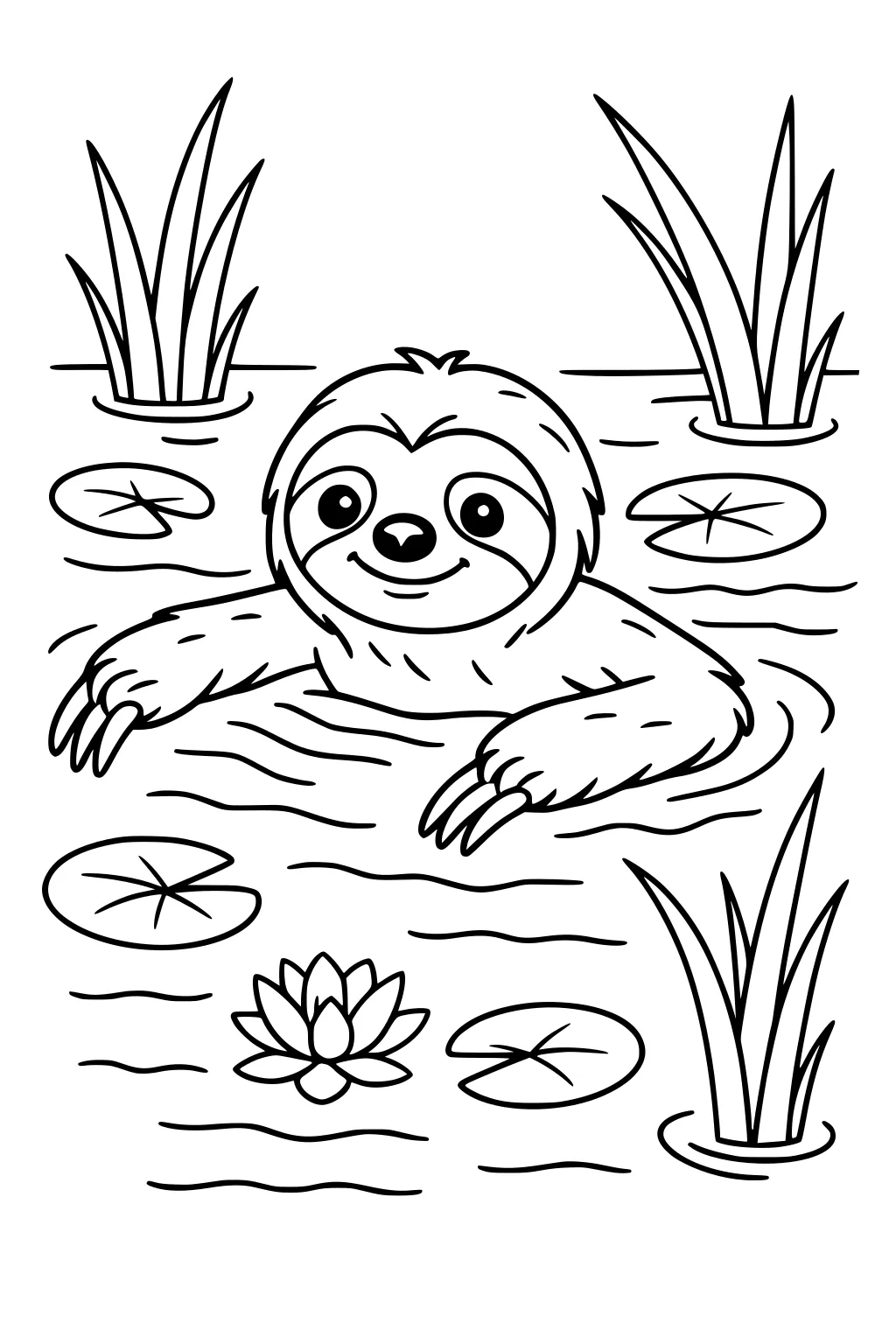 A sloth swims in a pond with lily pads, tall reeds, and a flower. The sloth is smiling and has both arms in the water.