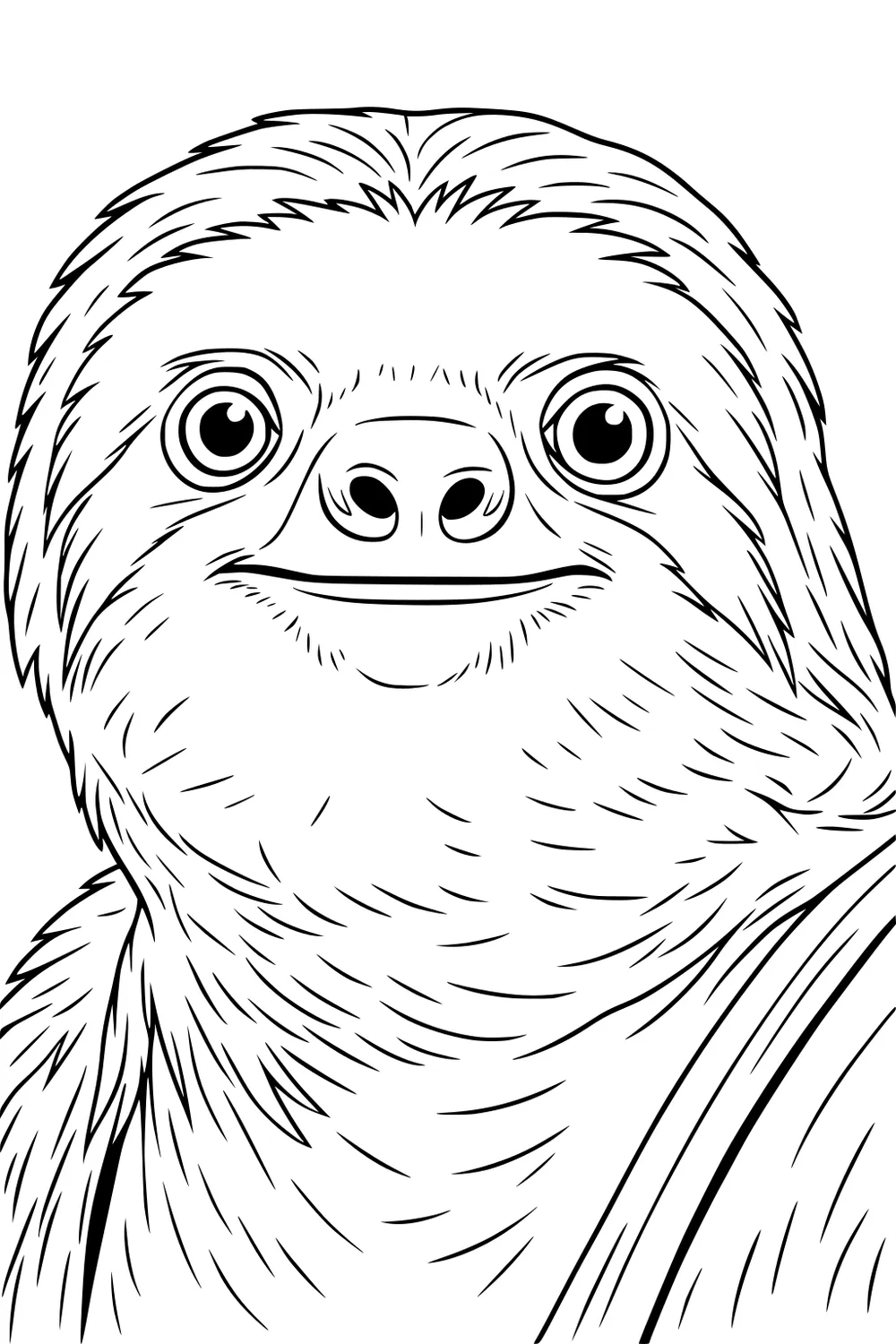 Close-up drawing of a smiling sloth with thick wavy fur, round eyes, and a visible arm near his shoulder.