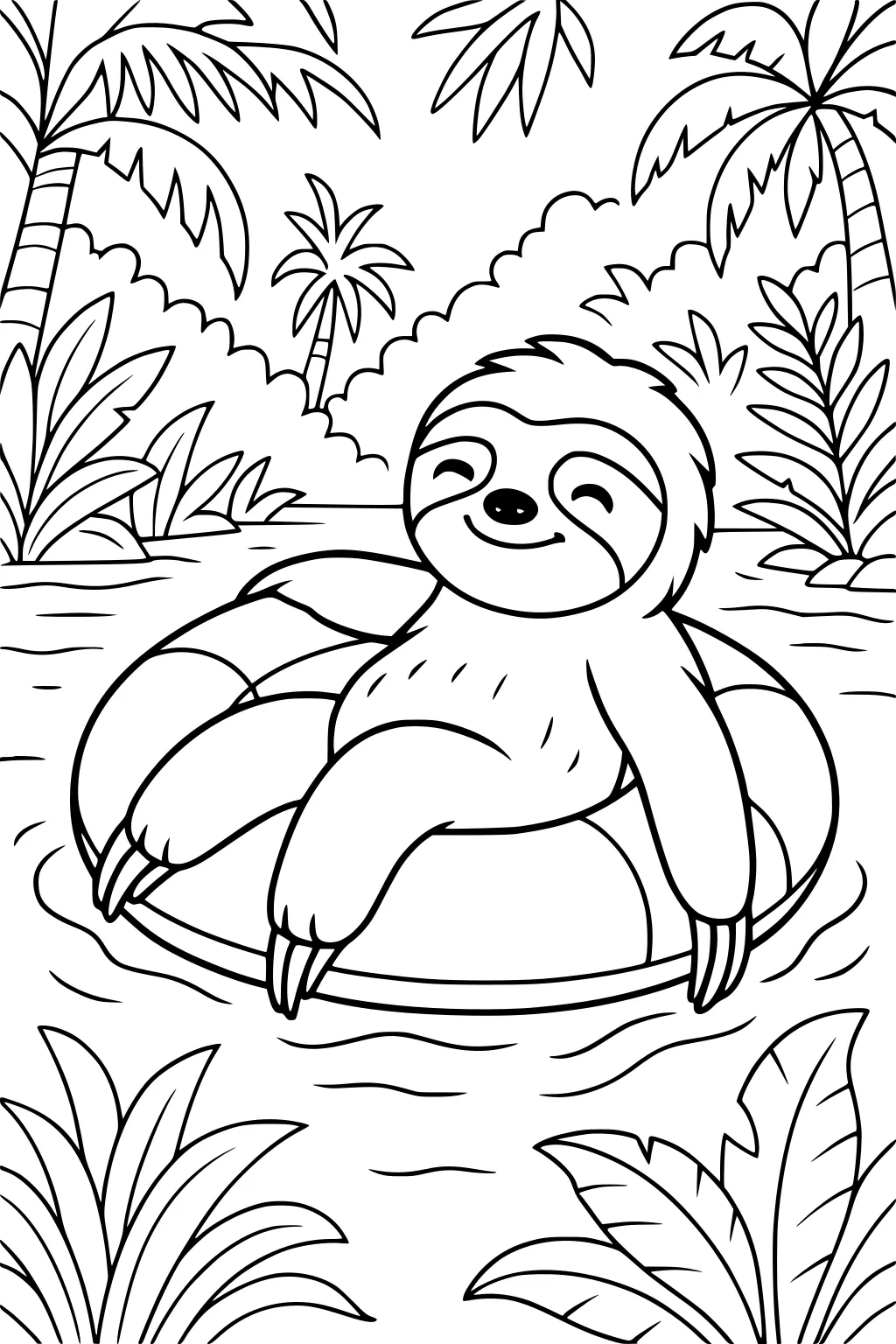 Sloth floating on a swim ring in a jungle river with palm trees and plants in the background.