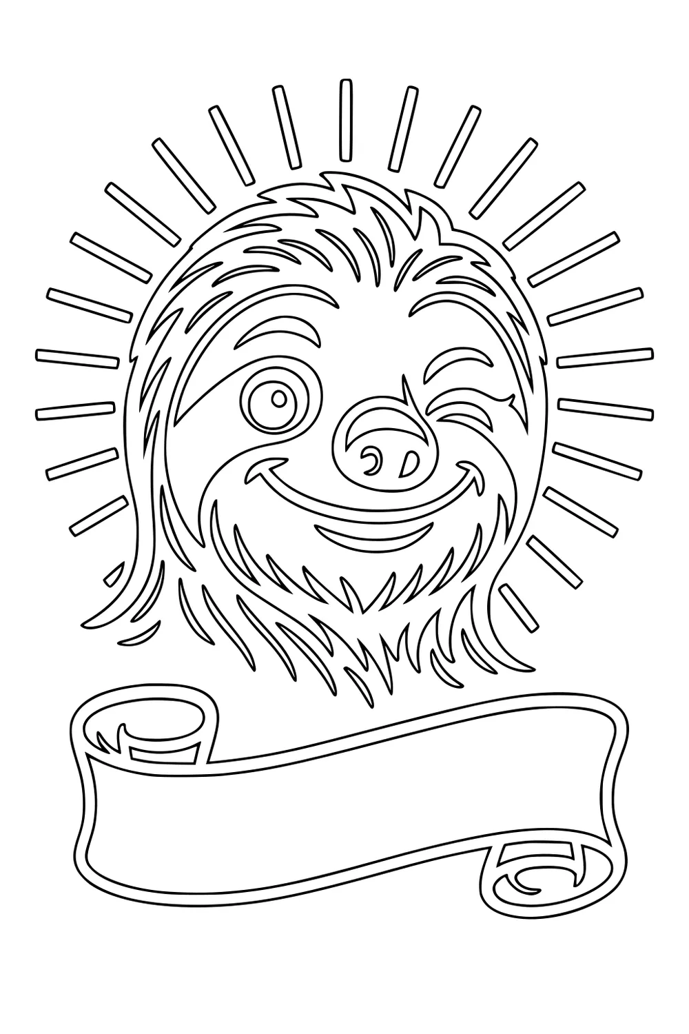 Cartoon sloth face winking and smiling with sunburst lines and a blank scroll banner underneath.