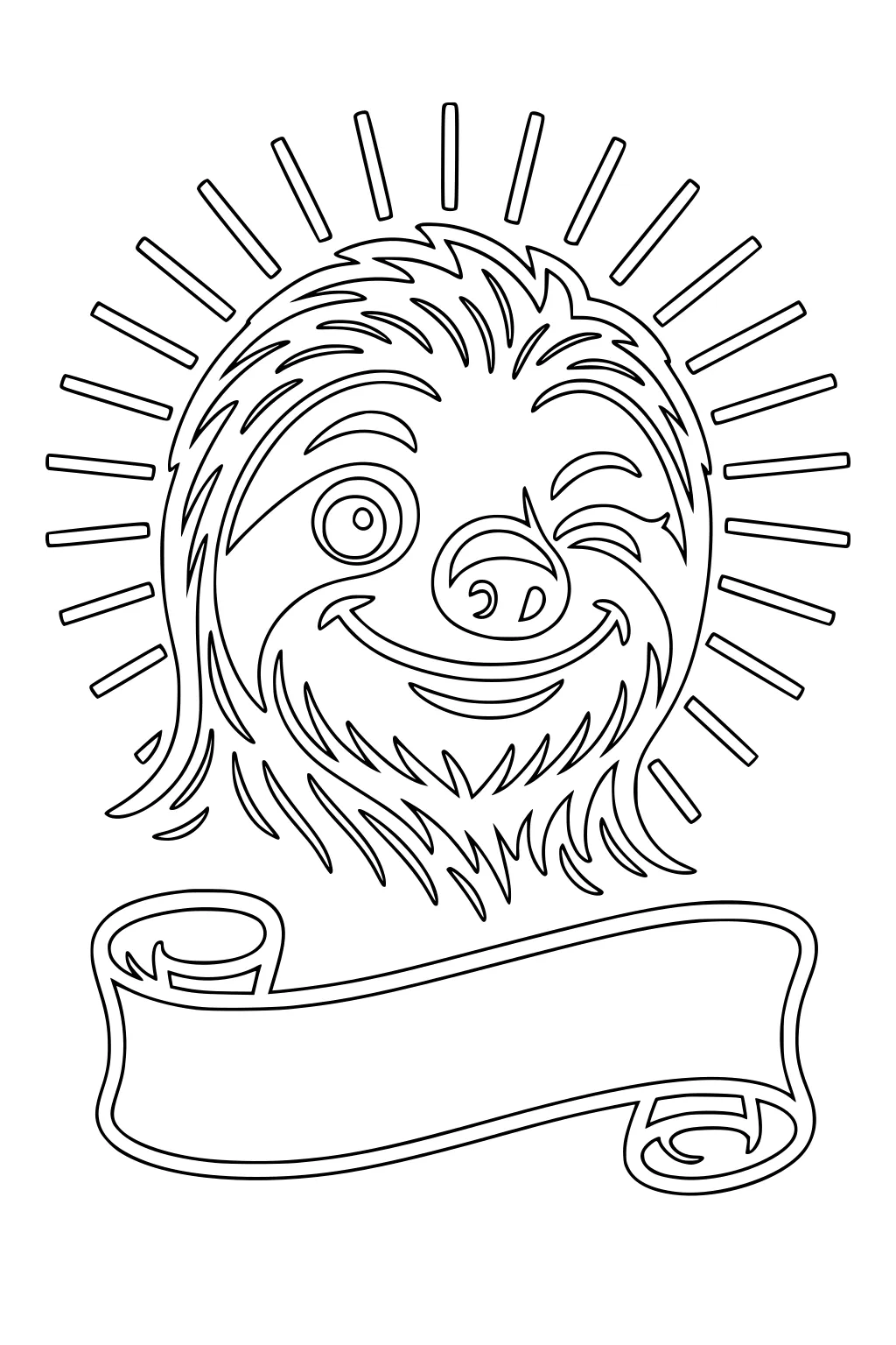 Cartoon sloth face winking and smiling with sunburst lines and a blank scroll banner underneath.
