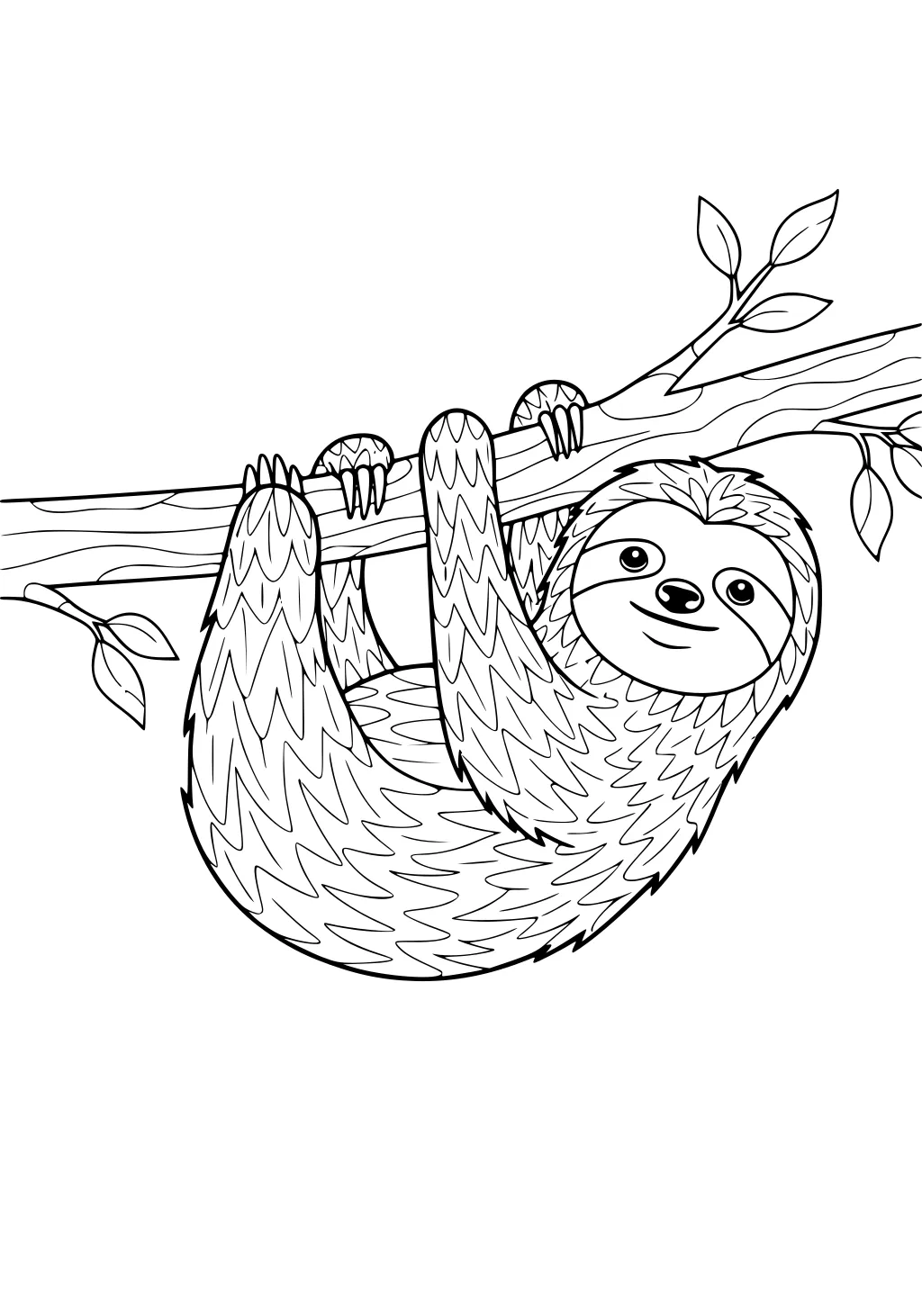 Smiling sloth clings to a tree branch with all four limbs, surrounded by simple leaves and textured furry body.