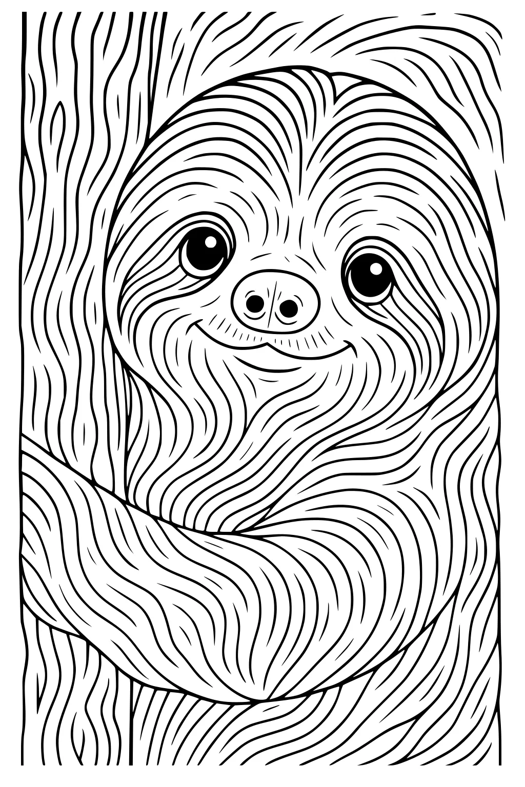 A sloth with wavy fur lines hugs a tree trunk, smiling softly. Large eyes and nose stand out on its round face.