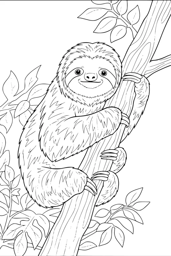 Happy Sloth Hugging a Tree Trunk