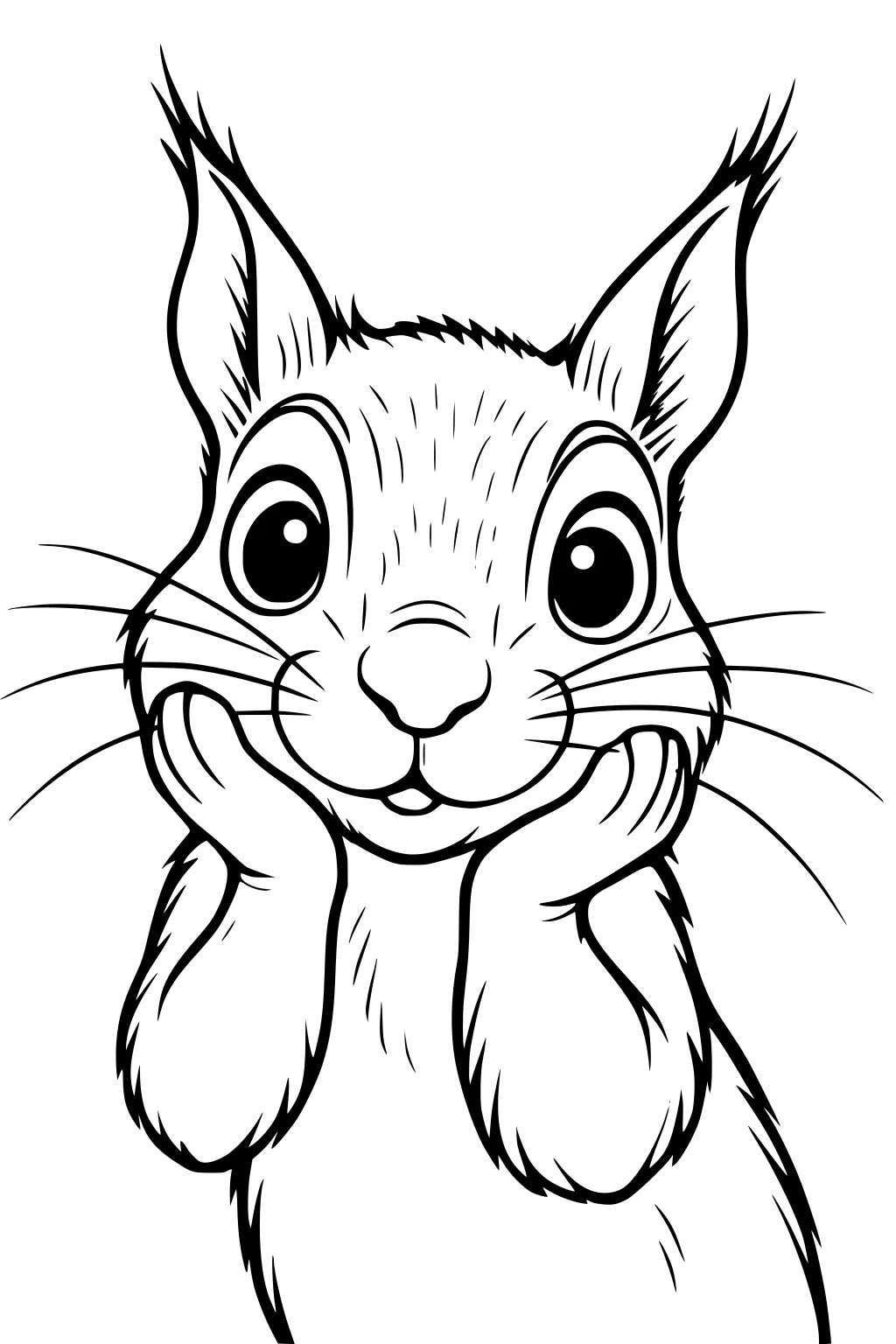 Cartoon squirrel with paws under her chin, wide eyes, upright ears, and prominent whiskers.