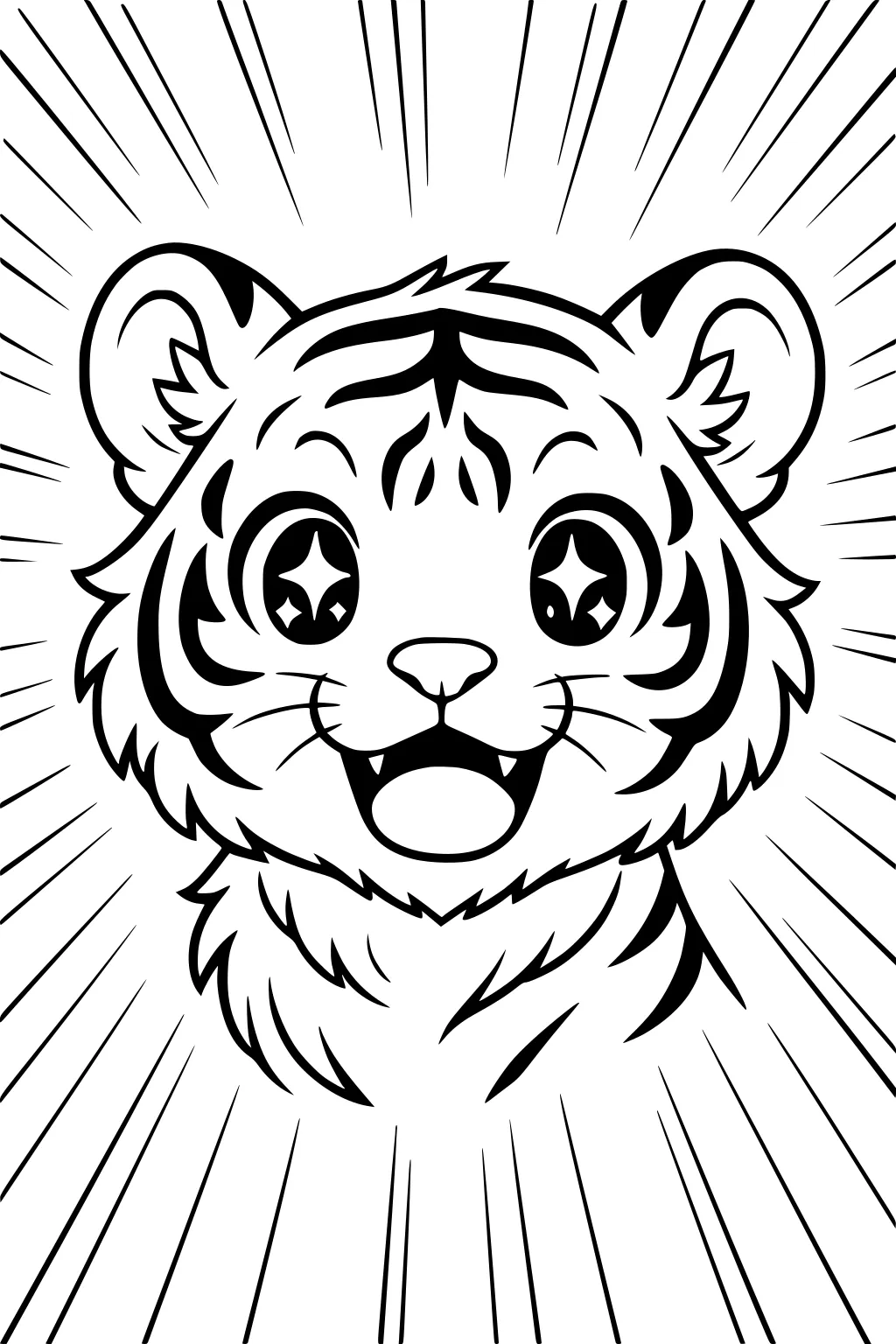 Happy tiger cub head with star eyes, bold stripes, open mouth, and bursting lines behind.