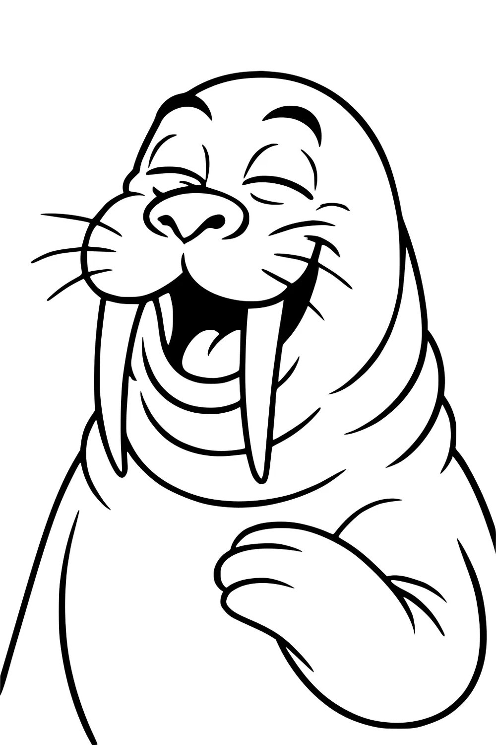 Cartoon walrus laughing with mouth open, long tusks, closed eyes, whiskers, and flipper to chest.