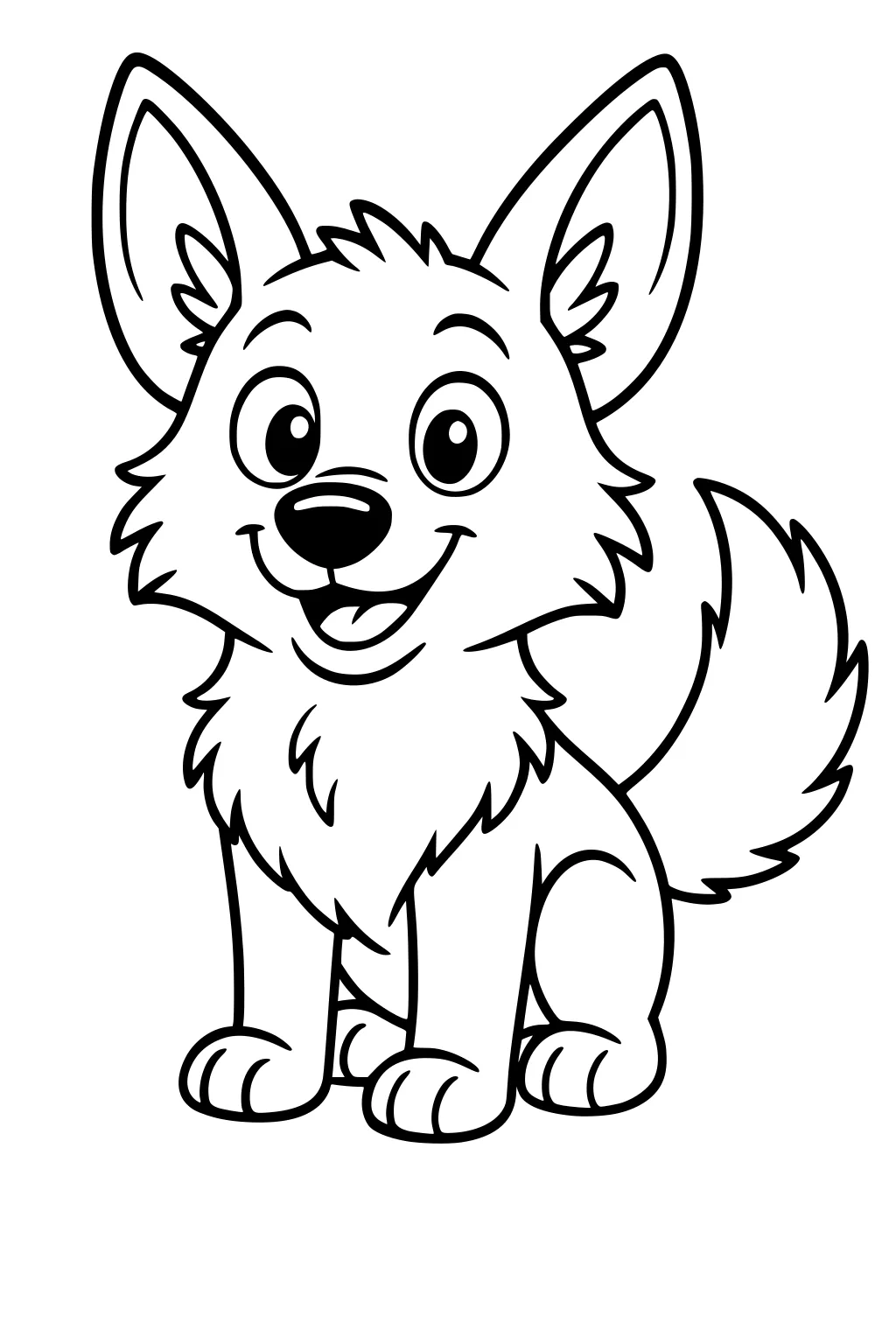 Smiling cartoon wolf pup sitting, big ears, round eyes, shaggy chest fur, fluffy tail, simple bold outlines, blank background.