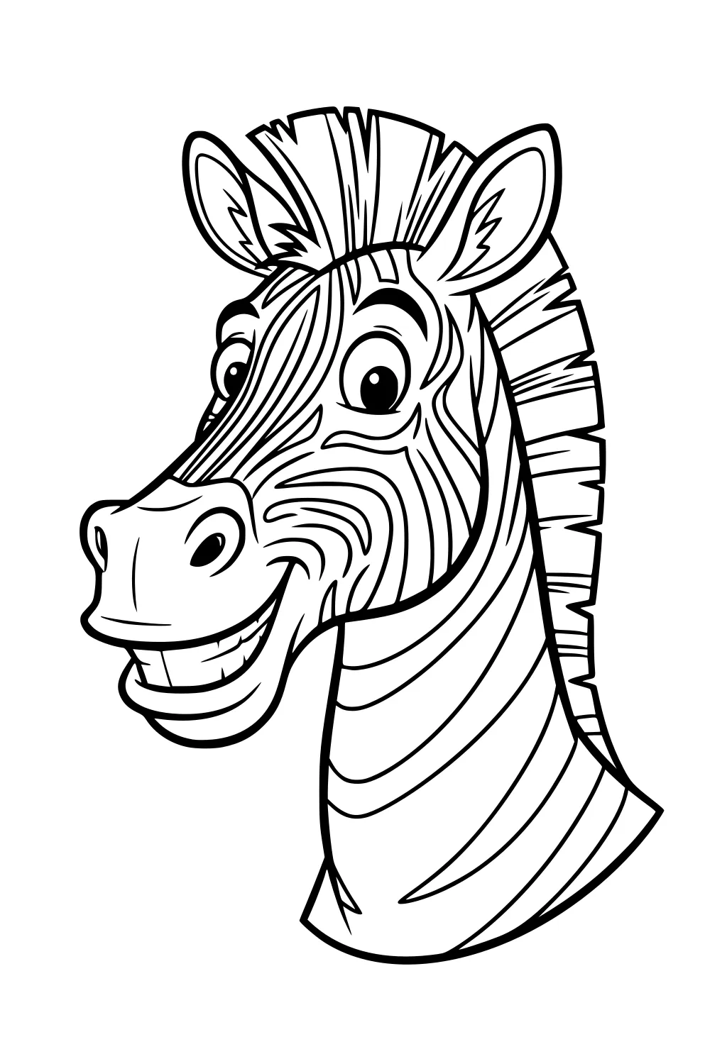Cartoon zebra head smiling with big eyes, upright ears, striped face and neck, and short spiky mane on a blank background.