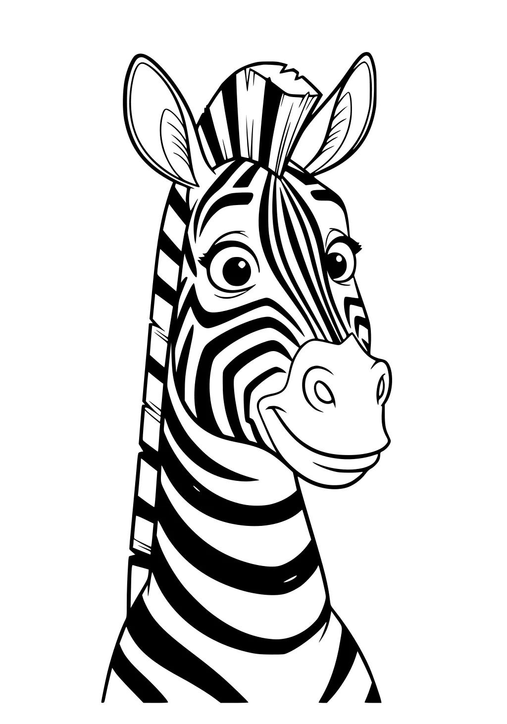 Smiling cartoon zebra portrait with big eyes, bold face and neck stripes, short striped mane, and perked ears on a blank background.