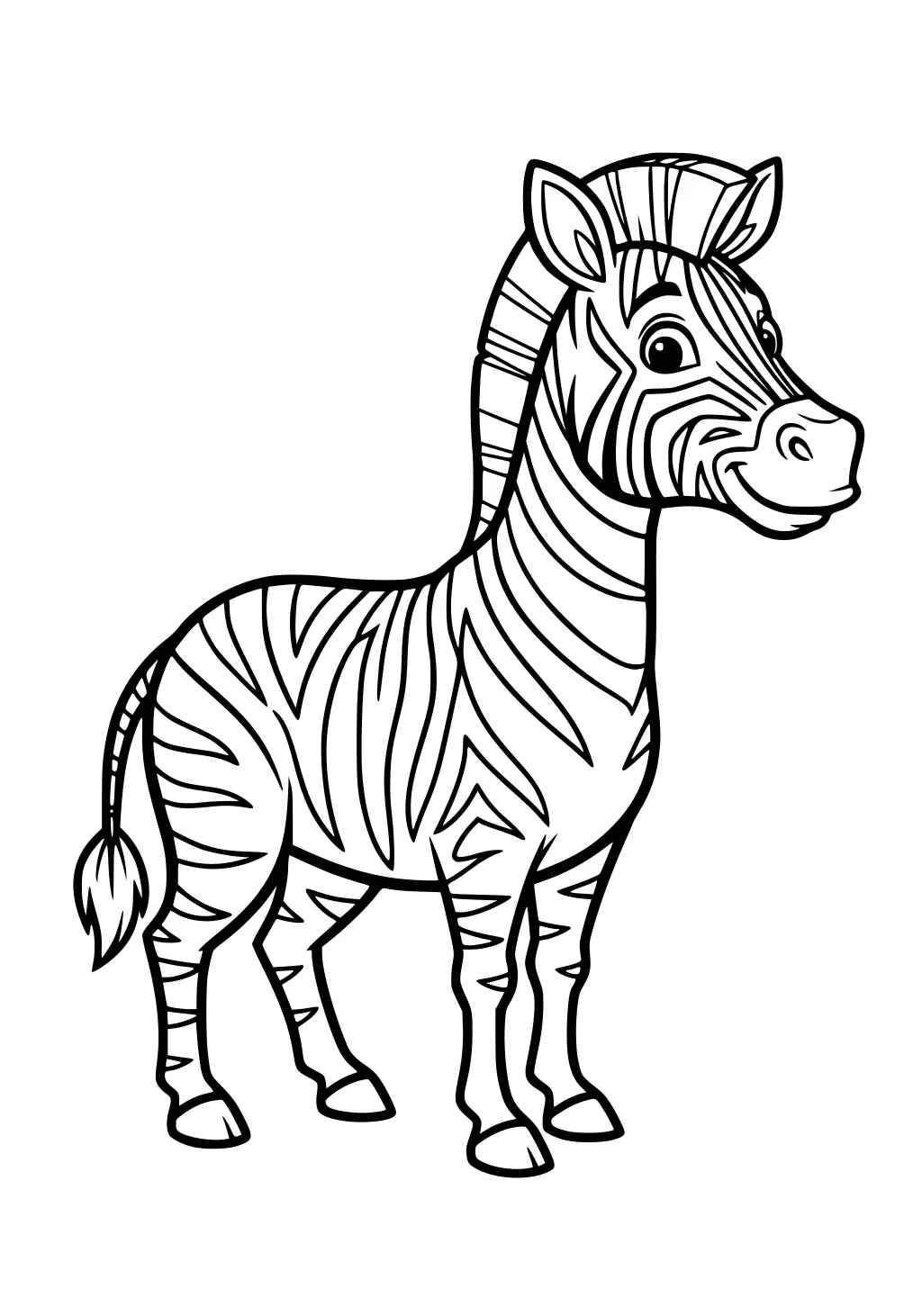 Smiling cartoon zebra with bold stripes, big eyes, perked ears, and a tufted tail, standing on a plain background.