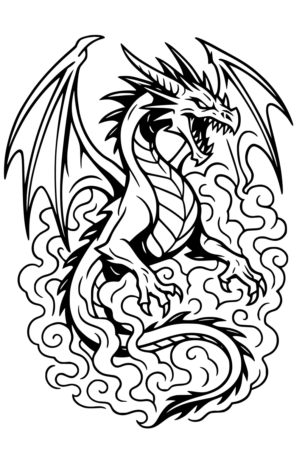 Roaring winged dragon with horns, scaly chest, long tail, and smoke swirls around its body in bold black outlines.